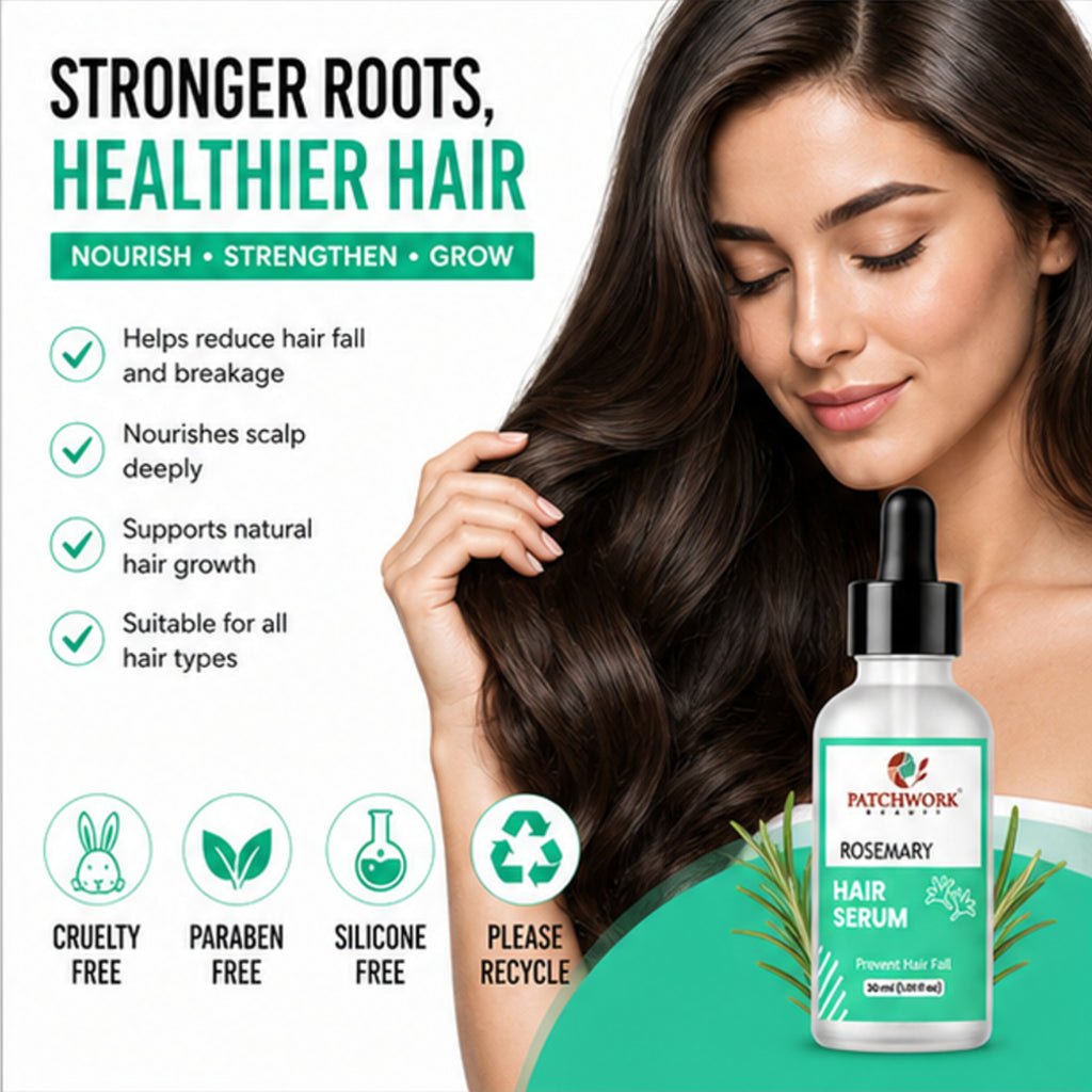 Patchwork Beauty Rosemary Hair Serum for Hair Fall Control and Scalp Care Lightweight Nourishing Daily Hair Care for Stronger Healthier Looking Hair Growth Support 30ml