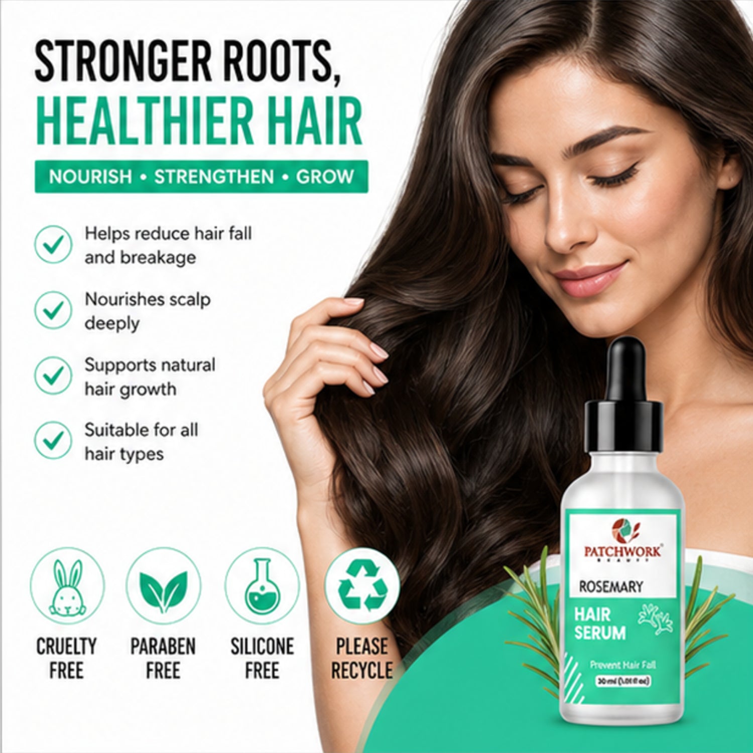 Patchwork Beauty Rosemary Hair Serum for Hair Fall Control and Scalp Care Lightweight Nourishing Daily Hair Care for Stronger Healthier Looking Hair Growth Support 30ml