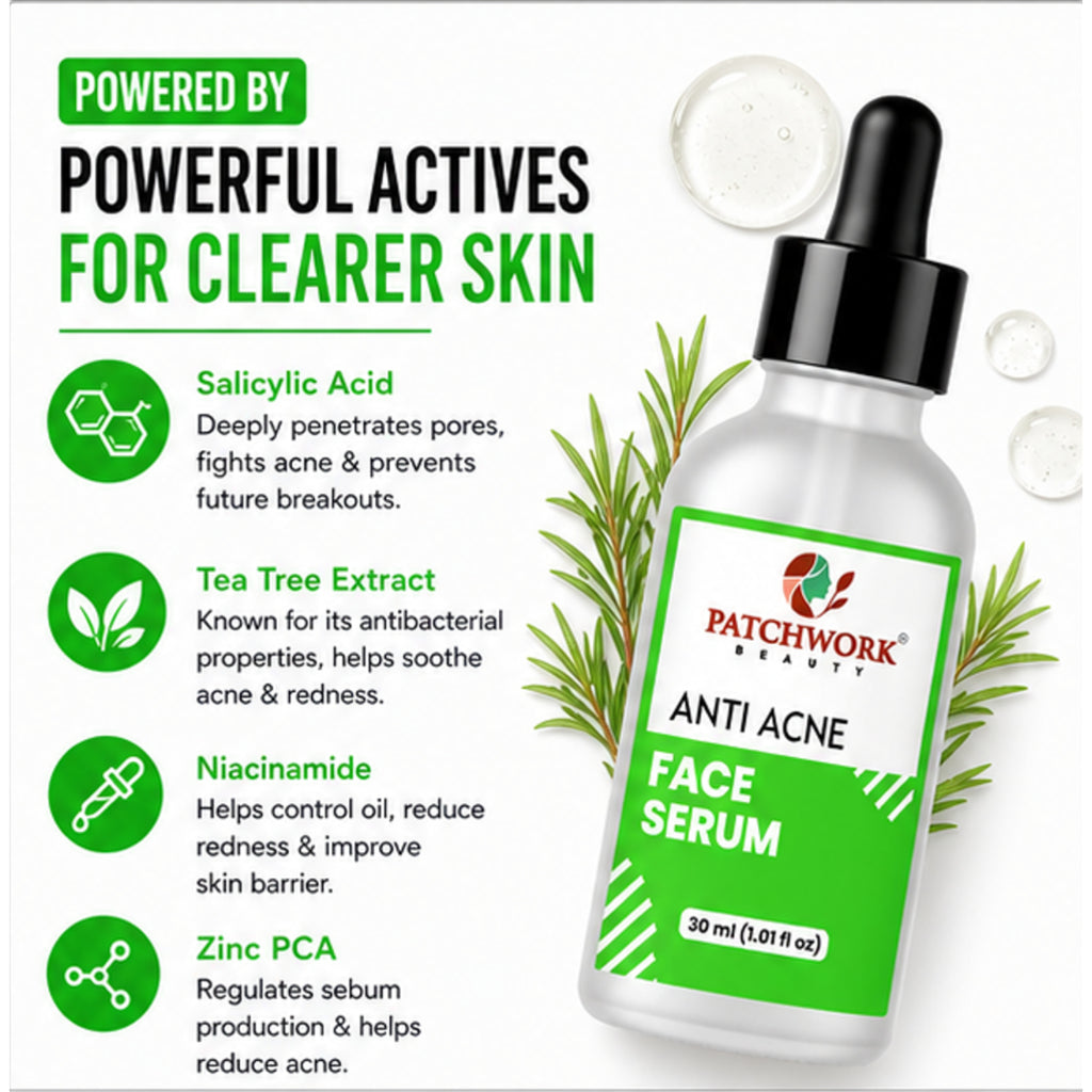 Patchwork Beauty Anti Acne Face Serum for Oil Control and Clear Skin Lightweight Daily Skin Care for Pore Care Smooth Texture and Balanced Skin Suitable for Acne Prone Skin 30ml