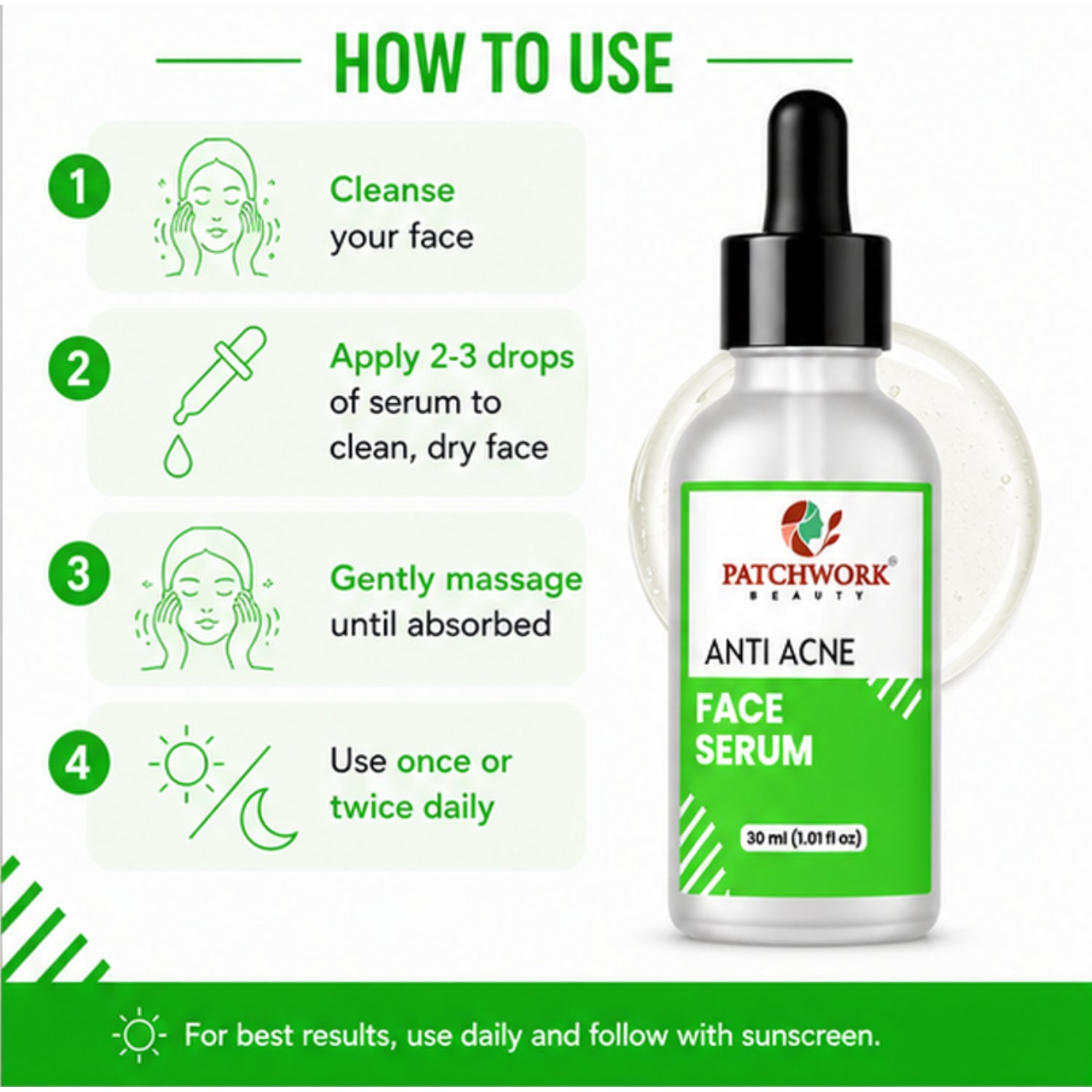 Patchwork Beauty Anti Acne Face Serum for Oil Control and Clear Skin Lightweight Daily Skin Care for Pore Care Smooth Texture and Balanced Skin Suitable for Acne Prone Skin 30ml