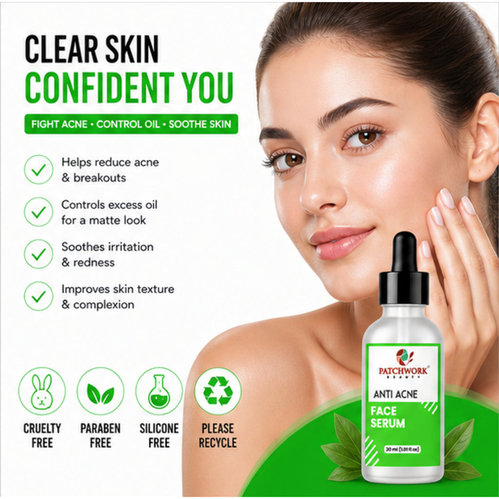 Patchwork Beauty Anti Acne Face Serum for Oil Control and Clear Skin Lightweight Daily Skin Care for Pore Care Smooth Texture and Balanced Skin Suitable for Acne Prone Skin 30ml