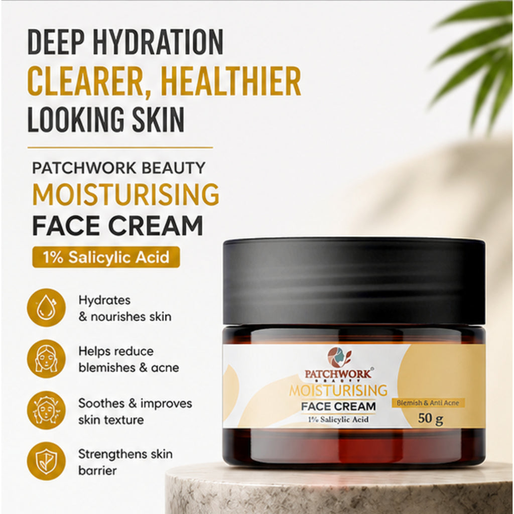 Patchwork Beauty Moisturising Face Cream with 1% Salicylic Acid for Hydration and Acne Care Lightweight Daily Skin Care for Smooth Clear and Balanced Skin Blemish Care 50g