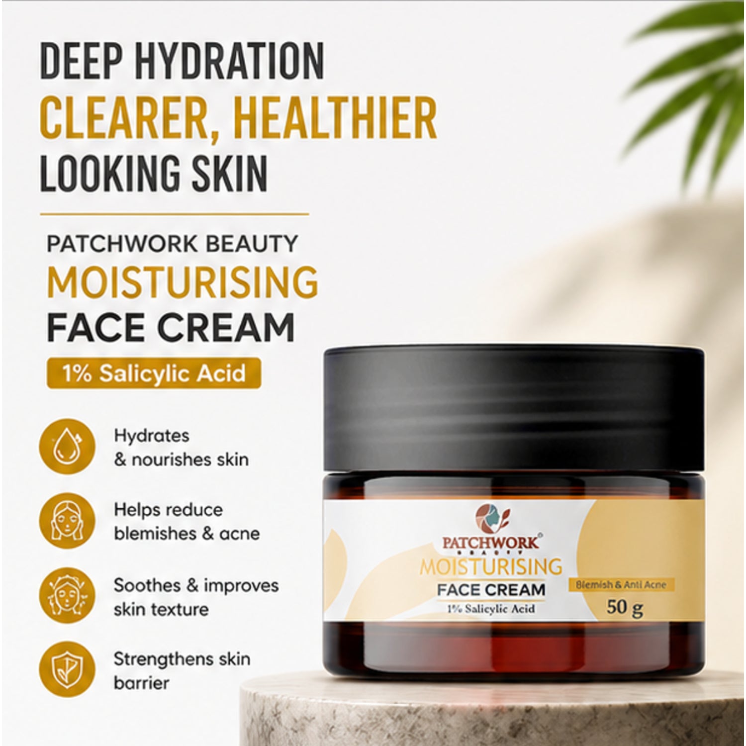 Patchwork Beauty Moisturising Face Cream with 1% Salicylic Acid for Hydration and Acne Care Lightweight Daily Skin Care for Smooth Clear and Balanced Skin Blemish Care 50g