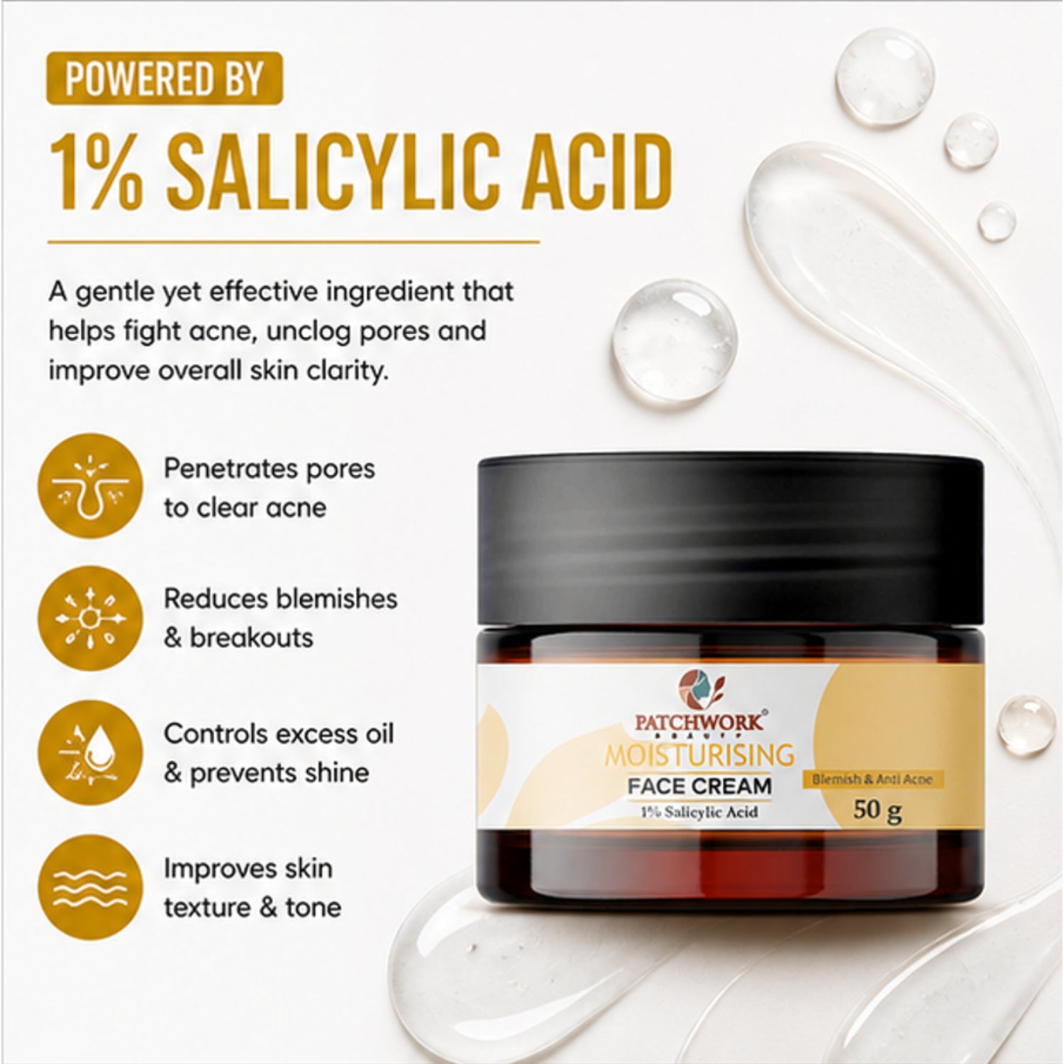 Patchwork Beauty Moisturising Face Cream with 1% Salicylic Acid for Hydration and Acne Care Lightweight Daily Skin Care for Smooth Clear and Balanced Skin Blemish Care 50g