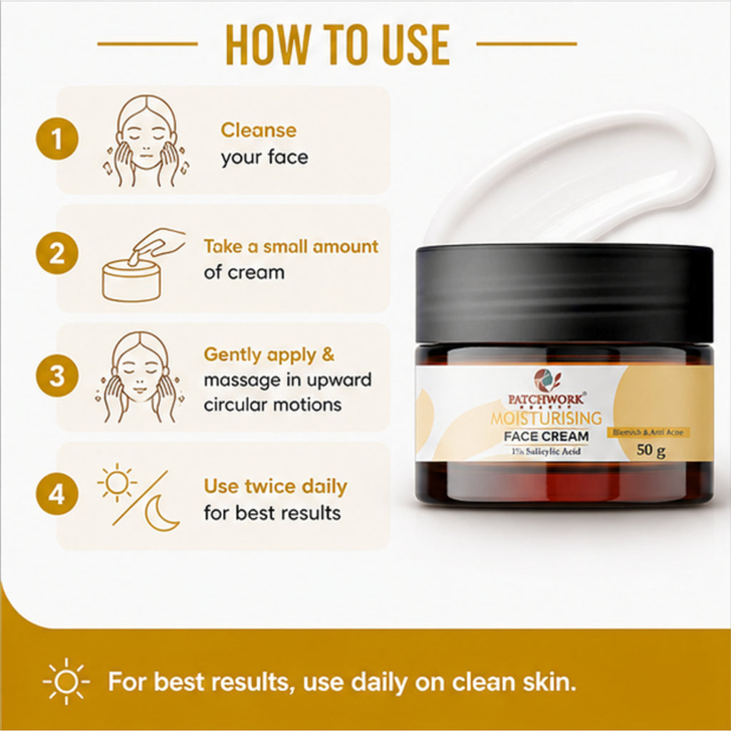 Patchwork Beauty Moisturising Face Cream with 1% Salicylic Acid for Hydration and Acne Care Lightweight Daily Skin Care for Smooth Clear and Balanced Skin Blemish Care 50g