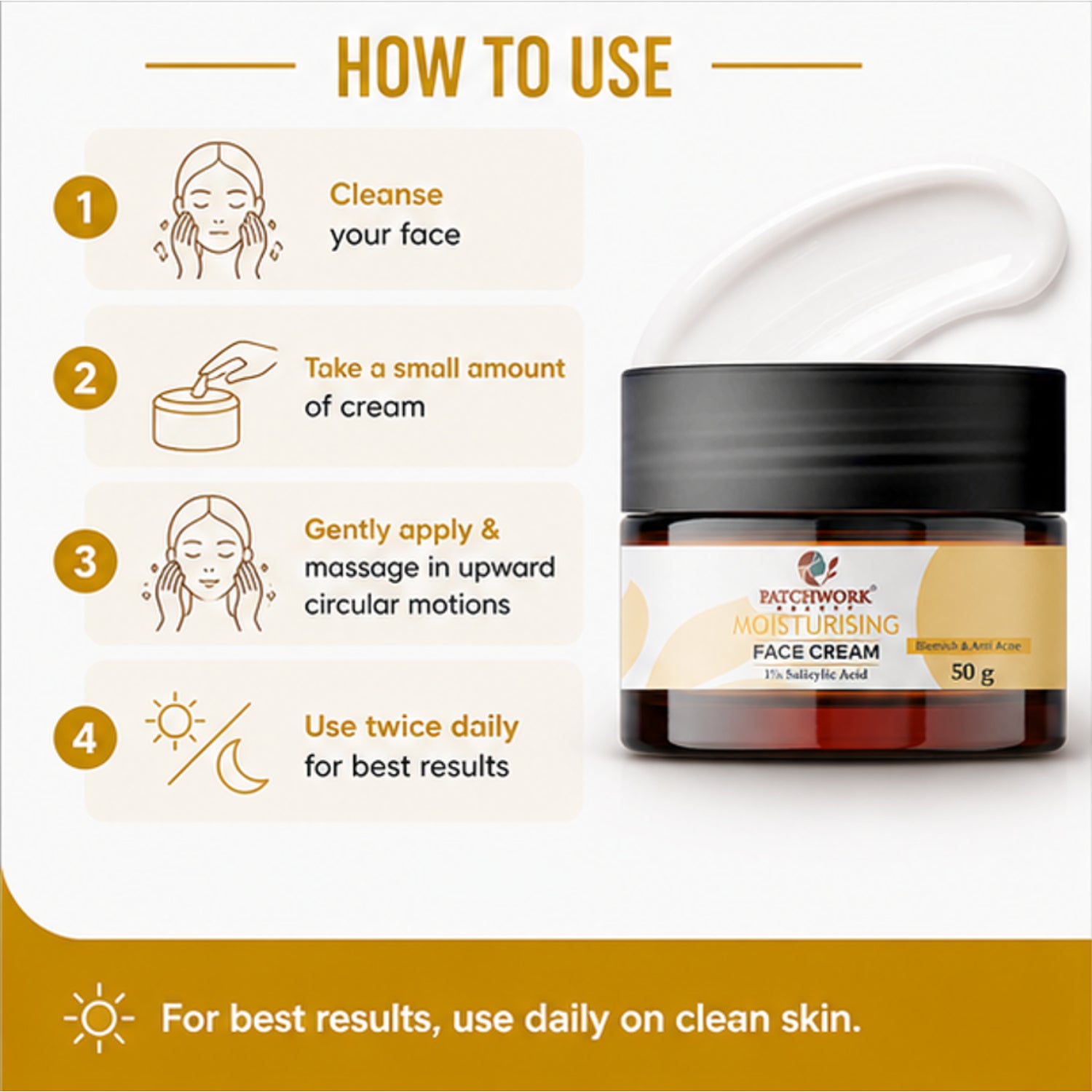 Patchwork Beauty Moisturising Face Cream with 1% Salicylic Acid for Hydration and Acne Care Lightweight Daily Skin Care for Smooth Clear and Balanced Skin Blemish Care 50g