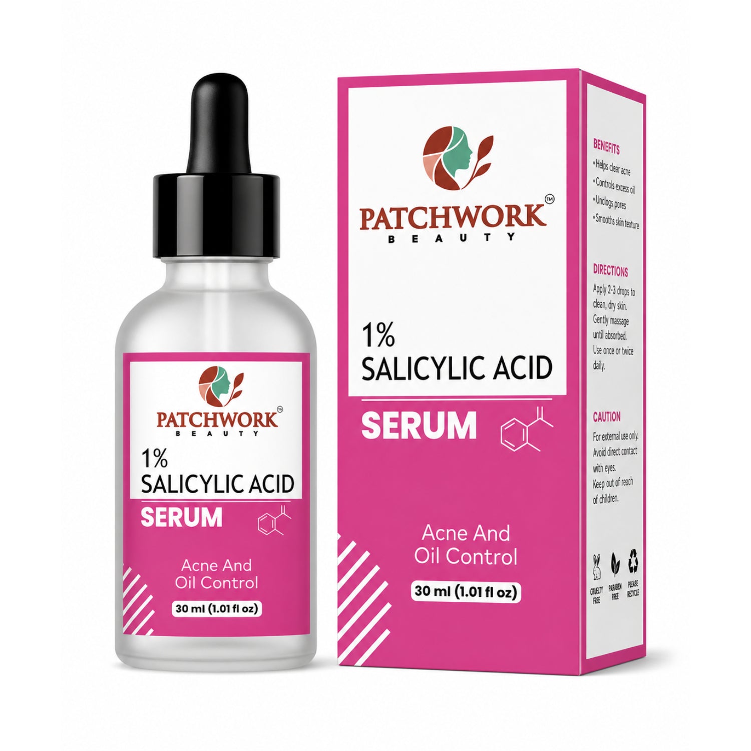 Patchwork Beauty Salicylic Acid 1% Face Serum for Acne and Oil Control Lightweight Daily Skin Care for Clear Smooth Pore Care and Balanced Skin Texture 30ml