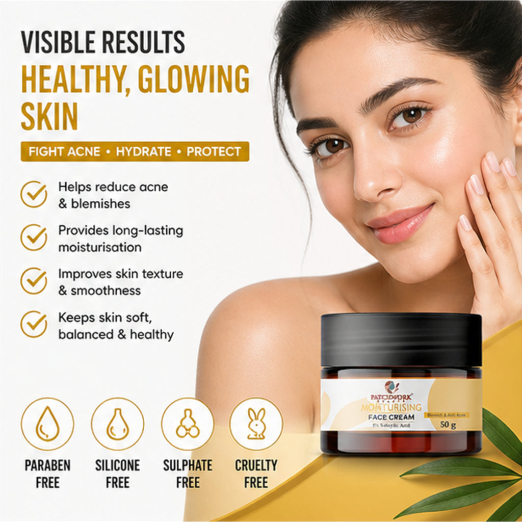 Patchwork Beauty Moisturising Face Cream with 1% Salicylic Acid for Hydration and Acne Care Lightweight Daily Skin Care for Smooth Clear and Balanced Skin Blemish Care 50g