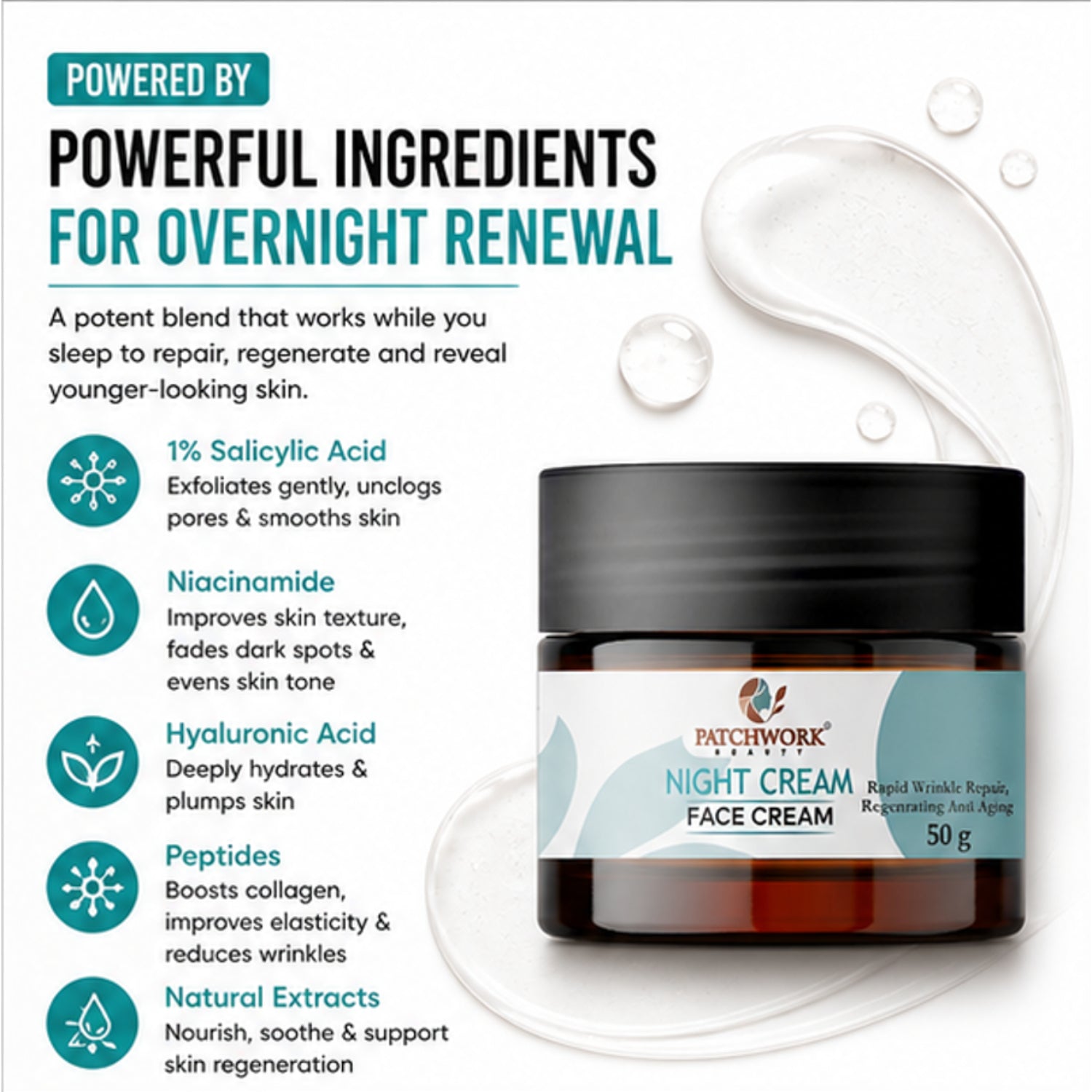 Patchwork Beauty Night Cream Face Cream for Hydration and Anti Aging Care Smooth Skin Overnight Repair Lightweight Nourishing Daily Skin Care for Soft Radiant Look 50g