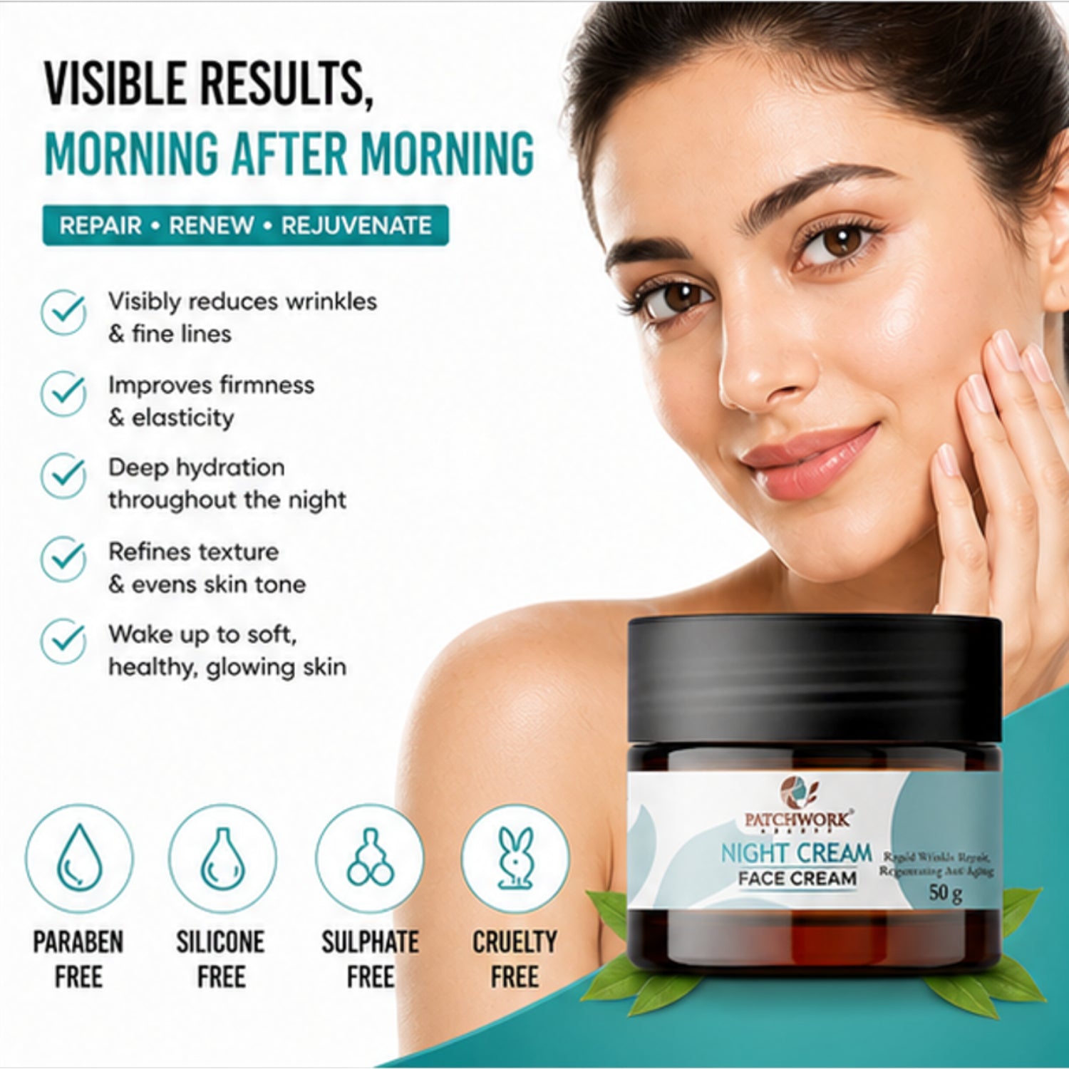 Patchwork Beauty Night Cream Face Cream for Hydration and Anti Aging Care Smooth Skin Overnight Repair Lightweight Nourishing Daily Skin Care for Soft Radiant Look 50g