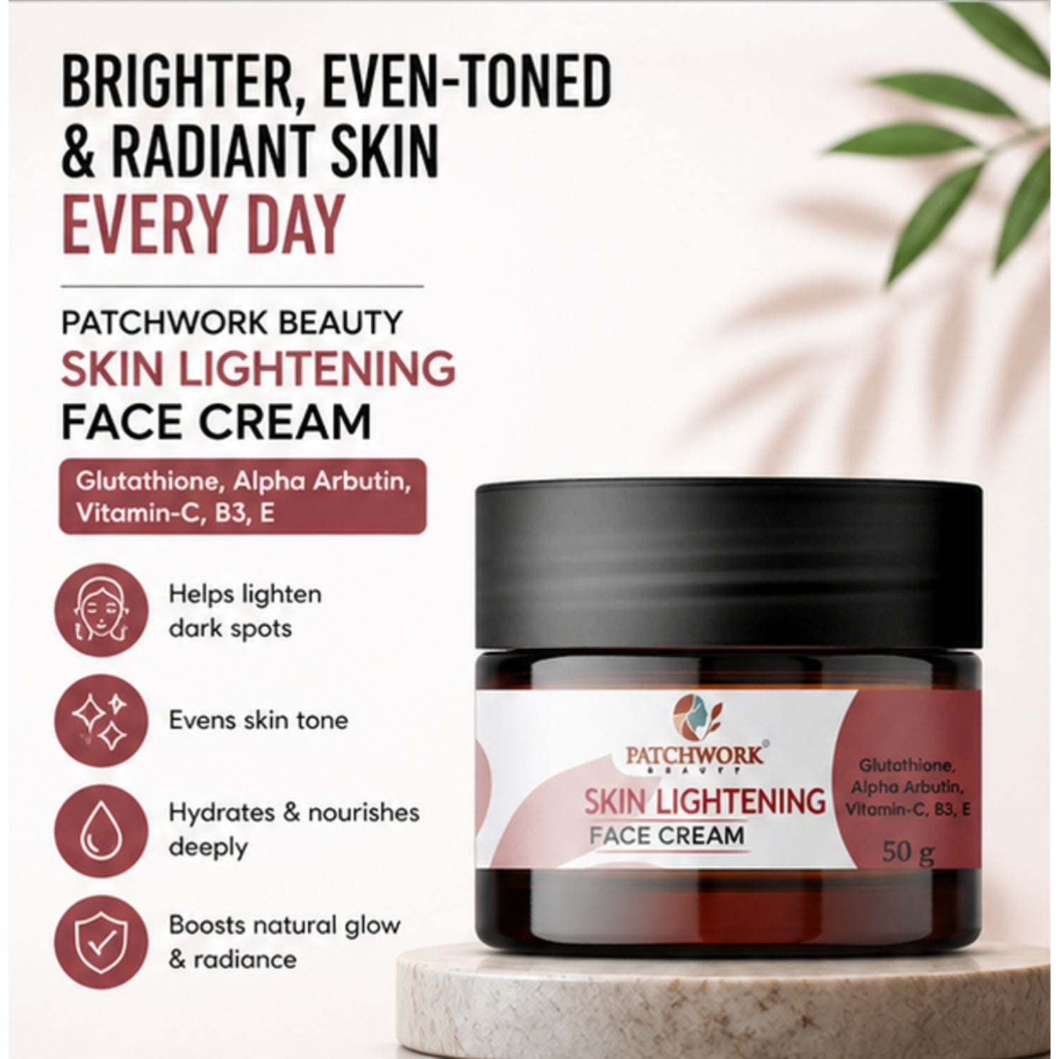 Patchwork Beauty Skin Lightening Face Cream for Brightening and Even Tone Hydrating Daily Skin Care with Glutathione Alpha Arbutin Vitamins for Radiant Smooth Skin 50g