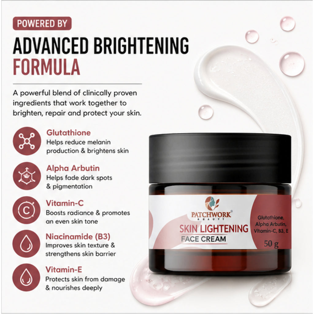 Patchwork Beauty Skin Lightening Face Cream for Brightening and Even Tone Hydrating Daily Skin Care with Glutathione Alpha Arbutin Vitamins for Radiant Smooth Skin 50g