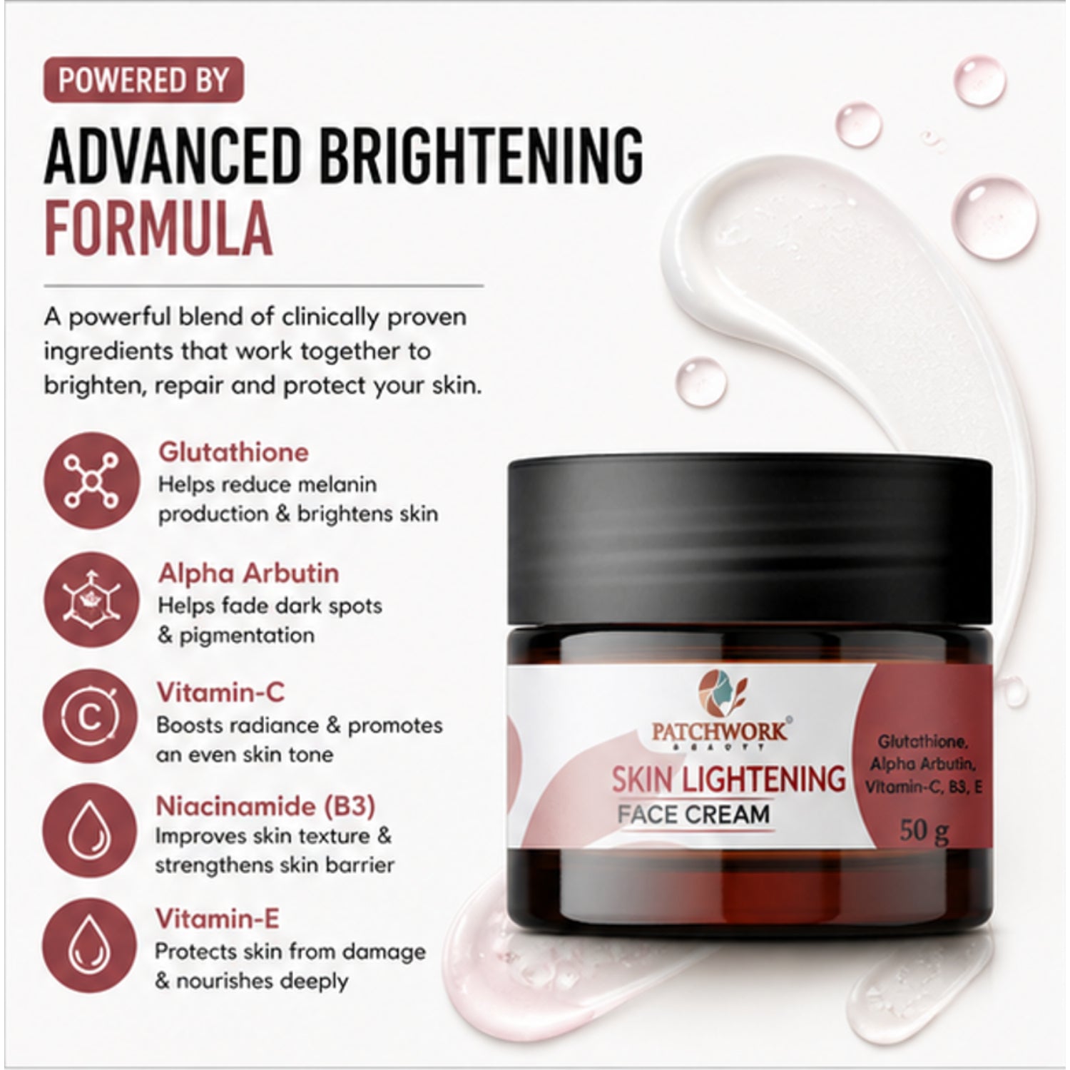 Patchwork Beauty Skin Lightening Face Cream for Brightening and Even Tone Hydrating Daily Skin Care with Glutathione Alpha Arbutin Vitamins for Radiant Smooth Skin 50g
