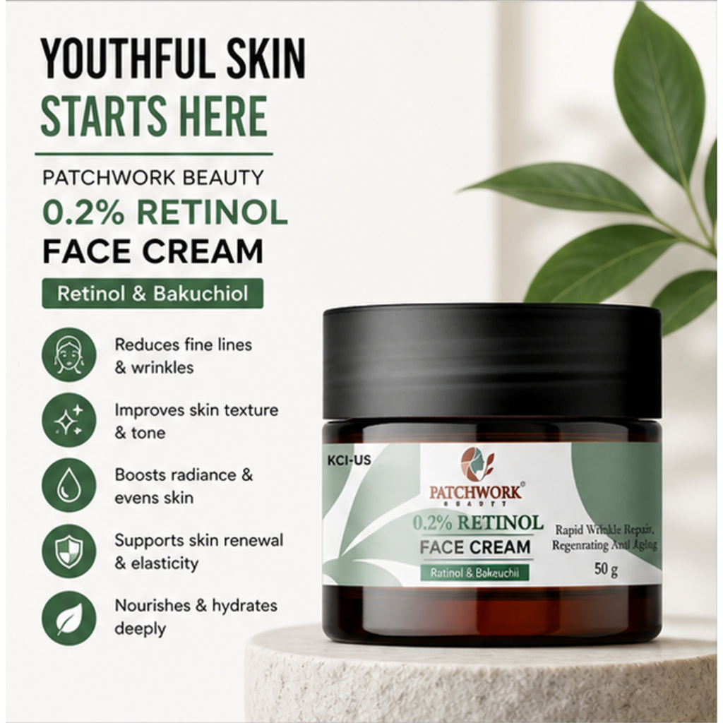Patchwork Beauty Retinol 0.2% Face Cream with Bakuchiol for Smooth and Youthful Skin Anti Aging Hydrating Night Care for Fine Lines Wrinkles and Even Texture 50g
