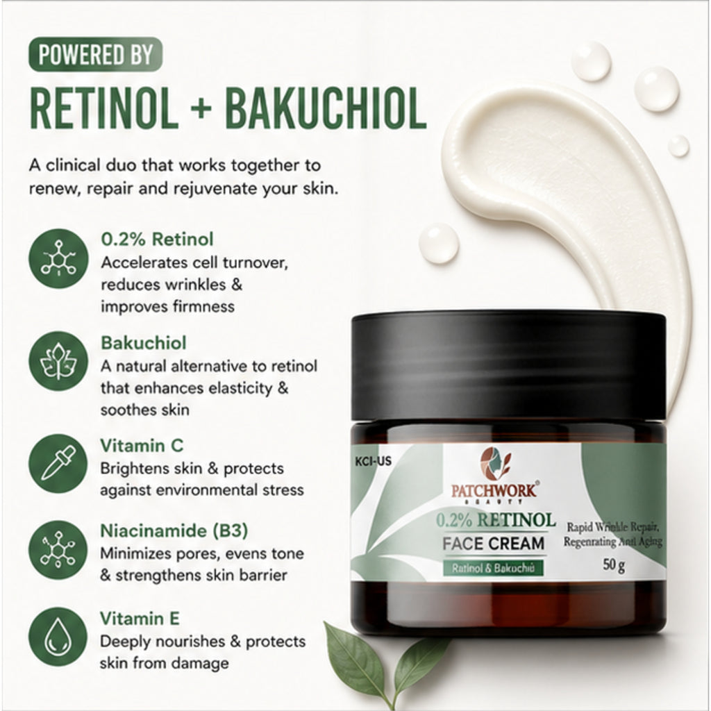 Patchwork Beauty Retinol 0.2% Face Cream with Bakuchiol for Smooth and Youthful Skin Anti Aging Hydrating Night Care for Fine Lines Wrinkles and Even Texture 50g