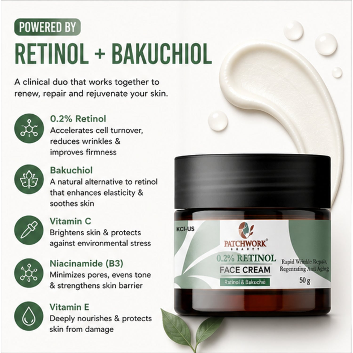 Patchwork Beauty Retinol 0.2% Face Cream with Bakuchiol for Smooth and Youthful Skin Anti Aging Hydrating Night Care for Fine Lines Wrinkles and Even Texture 50g