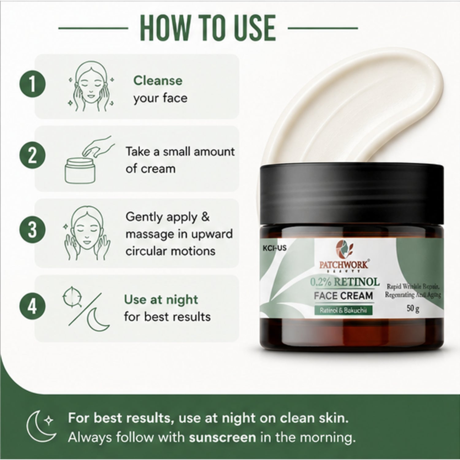Patchwork Beauty Retinol 0.2% Face Cream with Bakuchiol for Smooth and Youthful Skin Anti Aging Hydrating Night Care for Fine Lines Wrinkles and Even Texture 50g