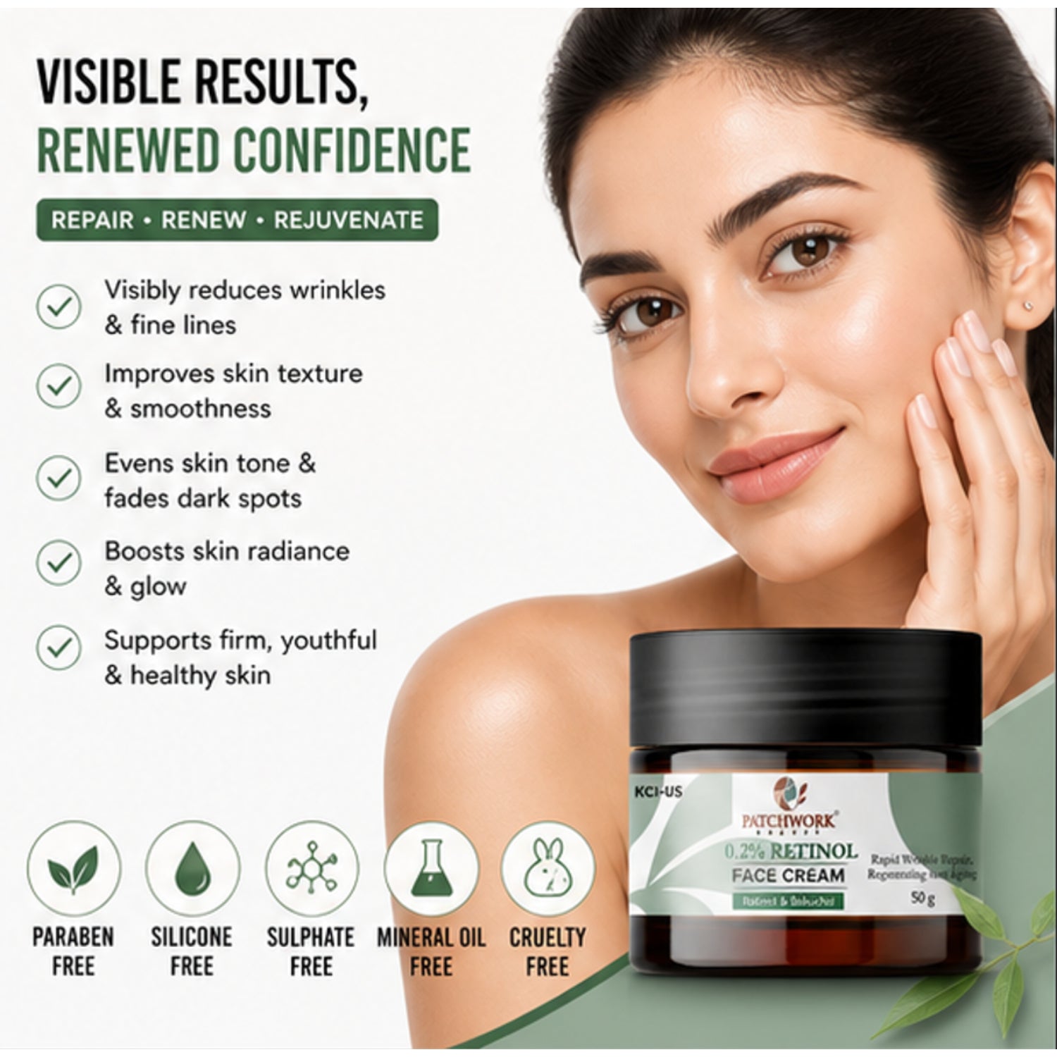 Patchwork Beauty Retinol 0.2% Face Cream with Bakuchiol for Smooth and Youthful Skin Anti Aging Hydrating Night Care for Fine Lines Wrinkles and Even Texture 50g