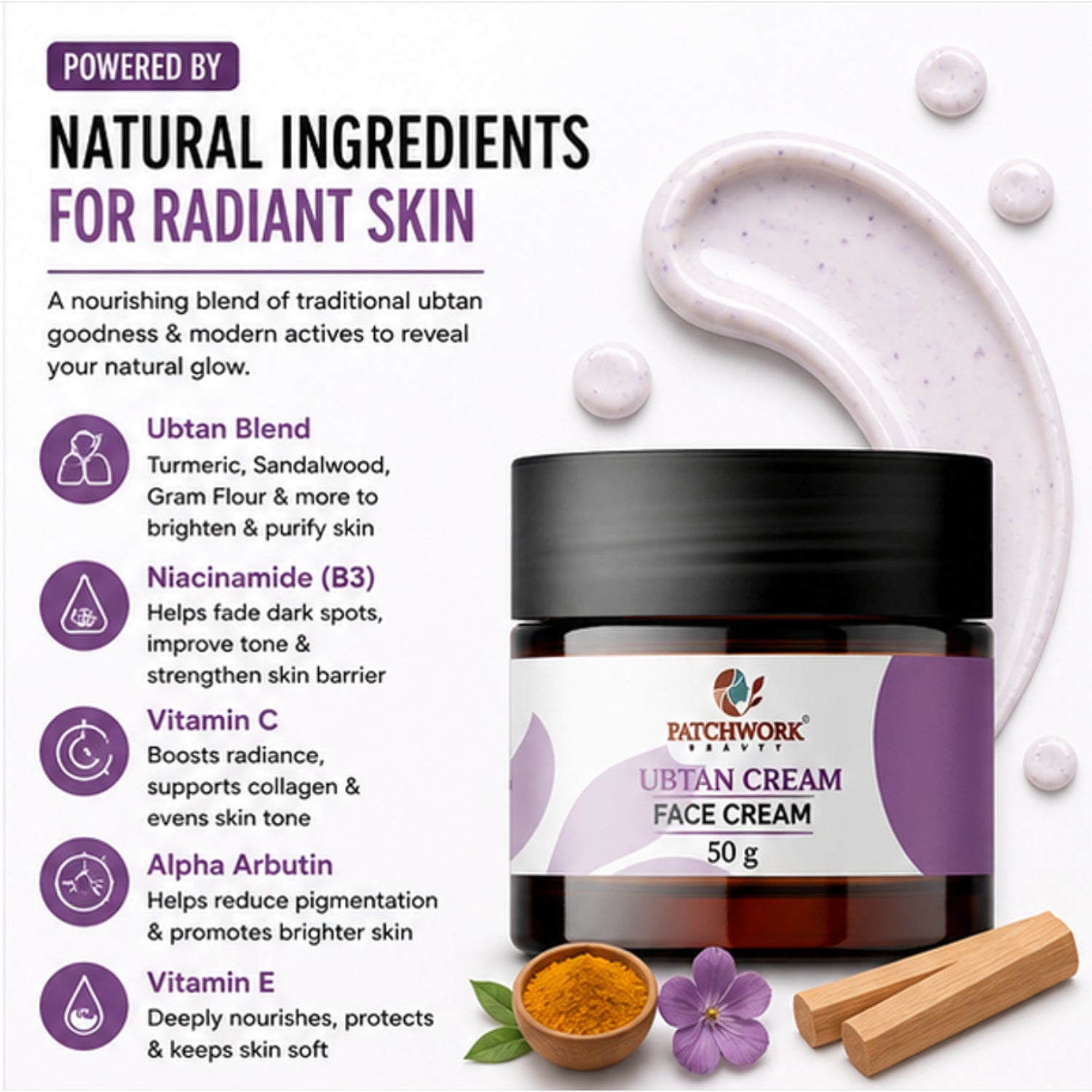Patchwork Beauty Ubtan Face Cream for Brightening and Smooth Skin Hydrating Daily Skin Care for Even Tone Glow and Soft Texture Traditional Skin Care Formula 50g