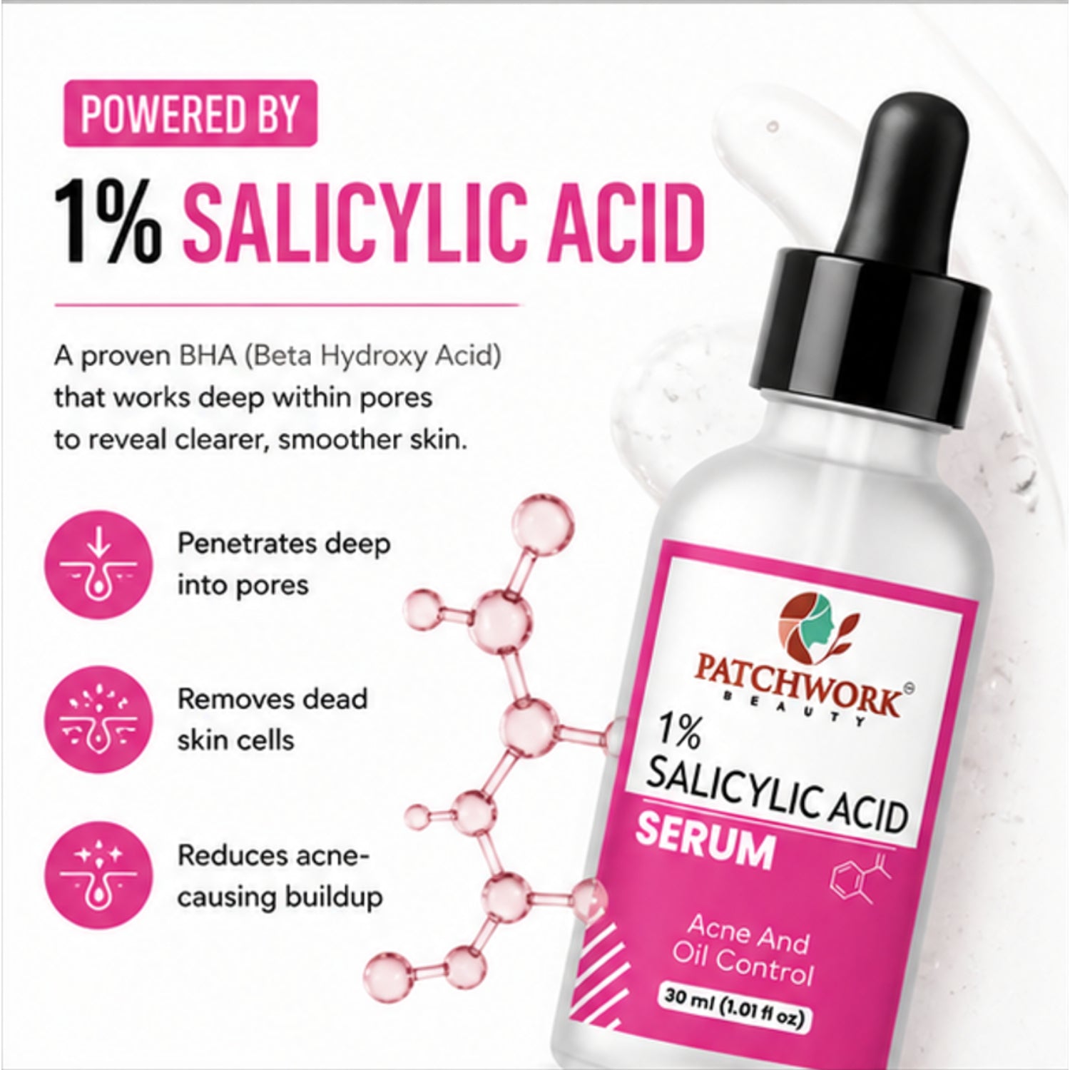 Patchwork Beauty Salicylic Acid 1% Face Serum for Acne and Oil Control Lightweight Daily Skin Care for Clear Smooth Pore Care and Balanced Skin Texture 30ml