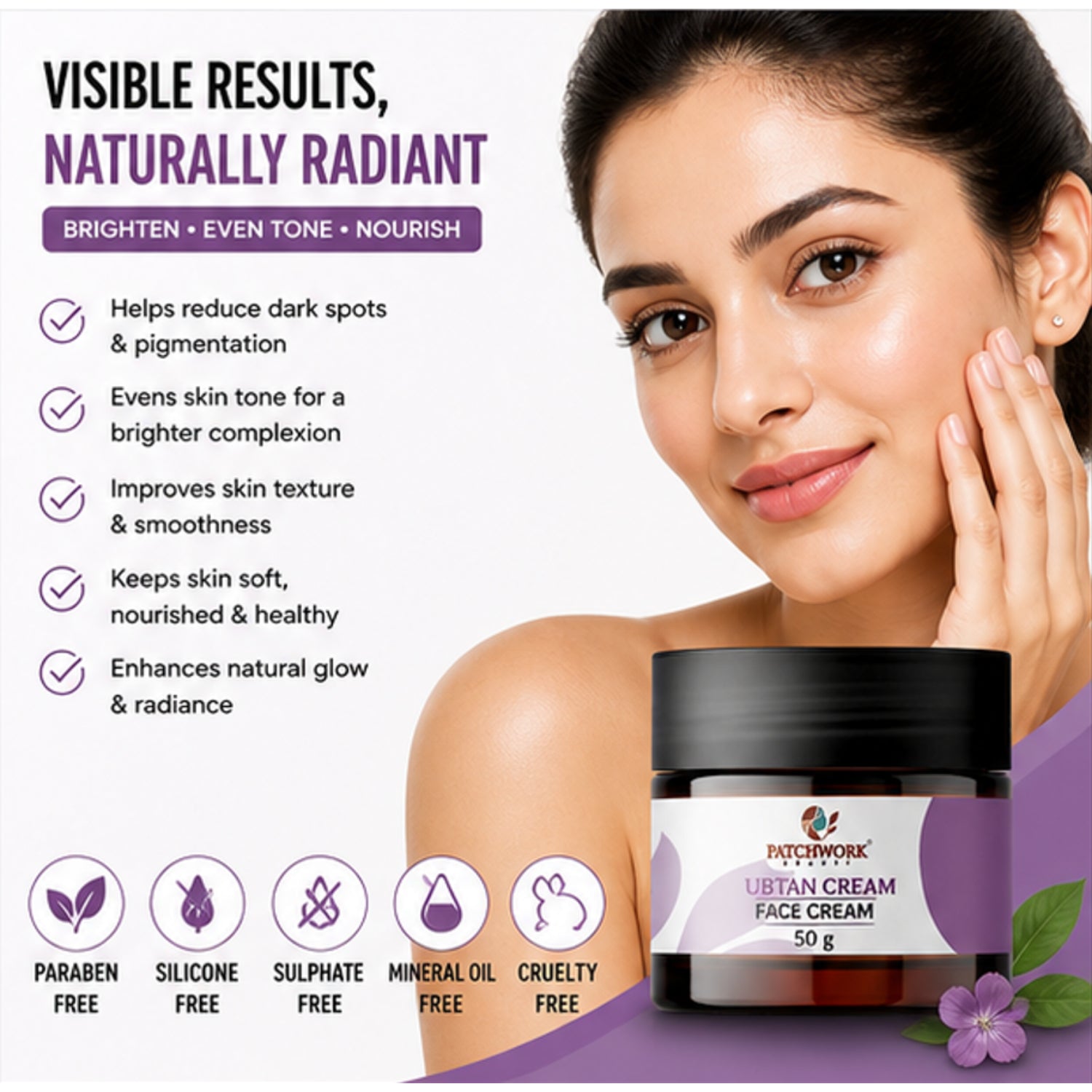 Patchwork Beauty Ubtan Face Cream for Brightening and Smooth Skin Hydrating Daily Skin Care for Even Tone Glow and Soft Texture Traditional Skin Care Formula 50g