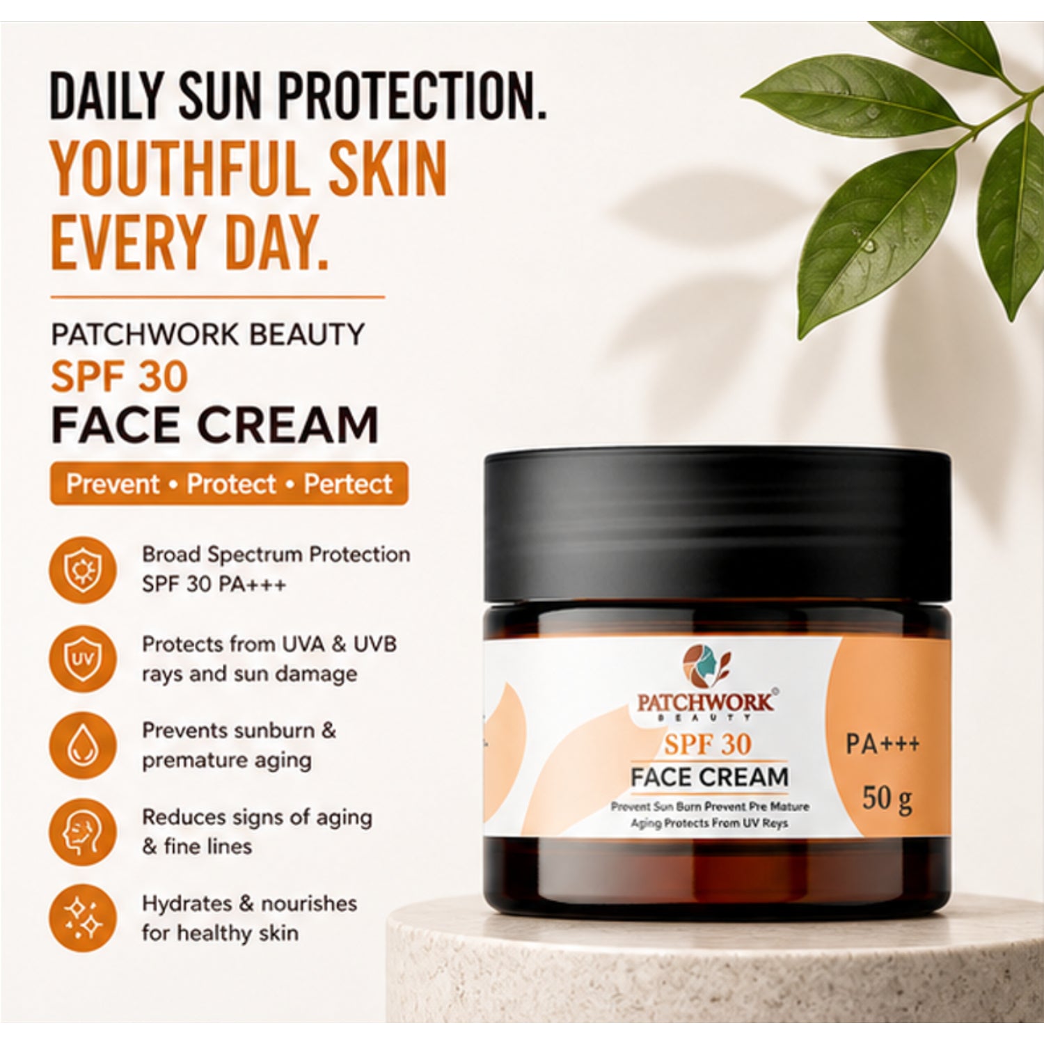 Patchwork Beauty SPF 30 Face Cream PA+++ for Sun Protection and Hydration Lightweight Daily Skin Care Moisturizer for UV Defense Smooth Soft and Protected Skin 50g