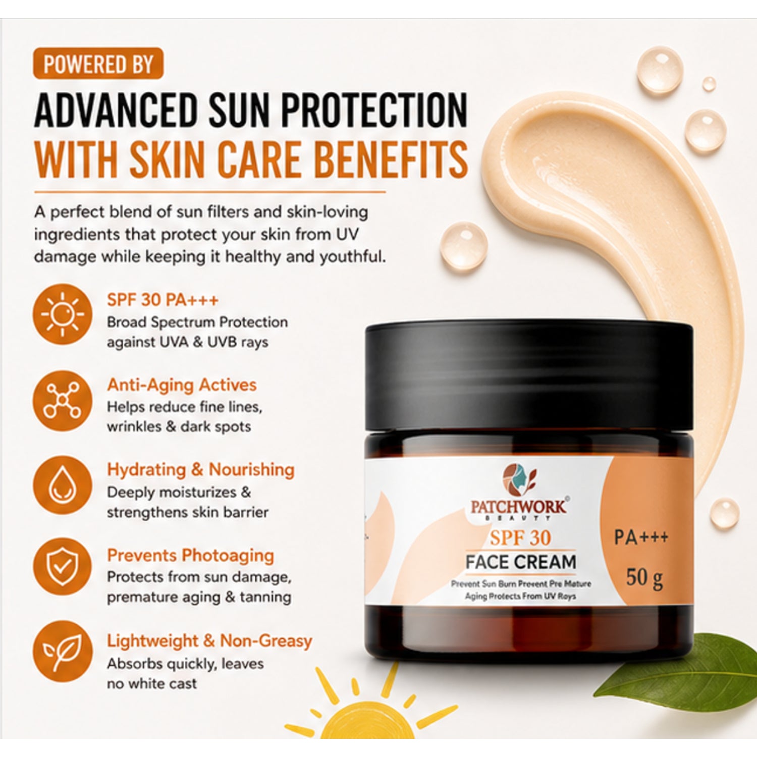 Patchwork Beauty SPF 30 Face Cream PA+++ for Sun Protection and Hydration Lightweight Daily Skin Care Moisturizer for UV Defense Smooth Soft and Protected Skin 50g