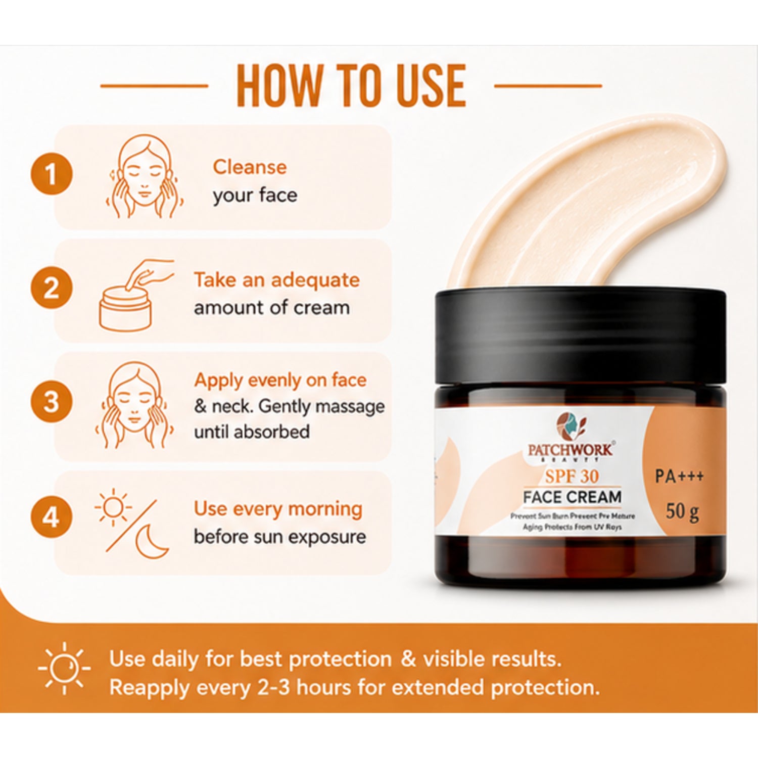 Patchwork Beauty SPF 30 Face Cream PA+++ for Sun Protection and Hydration Lightweight Daily Skin Care Moisturizer for UV Defense Smooth Soft and Protected Skin 50g