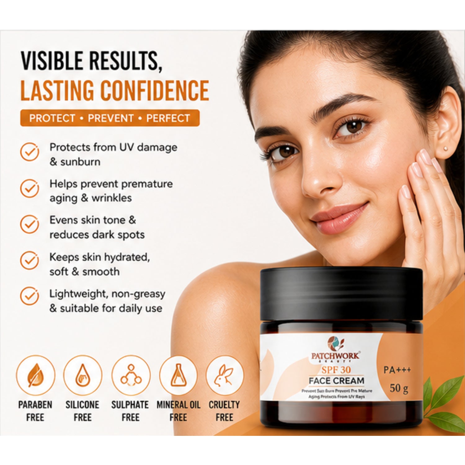 Patchwork Beauty SPF 30 Face Cream PA+++ for Sun Protection and Hydration Lightweight Daily Skin Care Moisturizer for UV Defense Smooth Soft and Protected Skin 50g