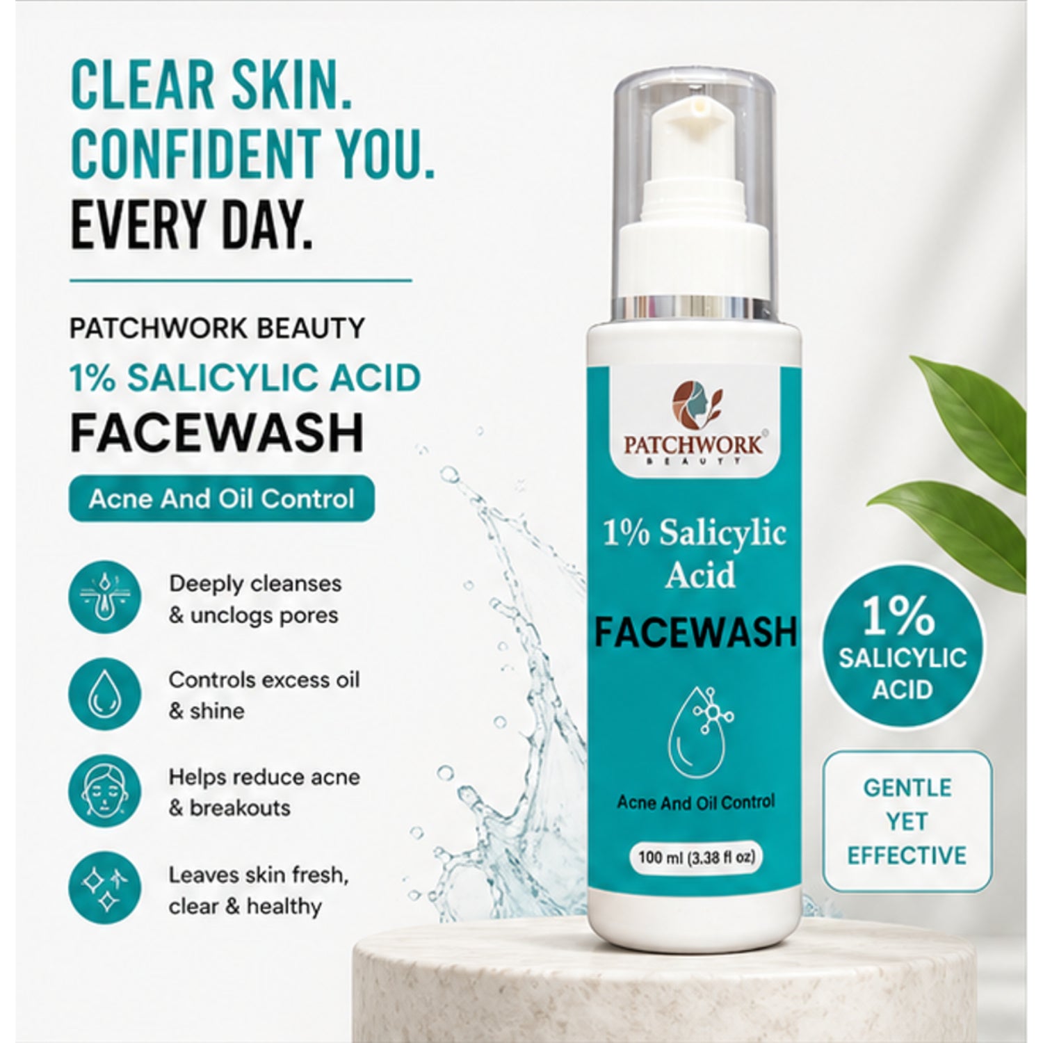 Patchwork Beauty Salicylic Acid 1% Face Wash for Acne and Oil Control Deep Cleansing Gentle Exfoliating Daily Skin Care for Clear Fresh and Balanced Skin 150ml