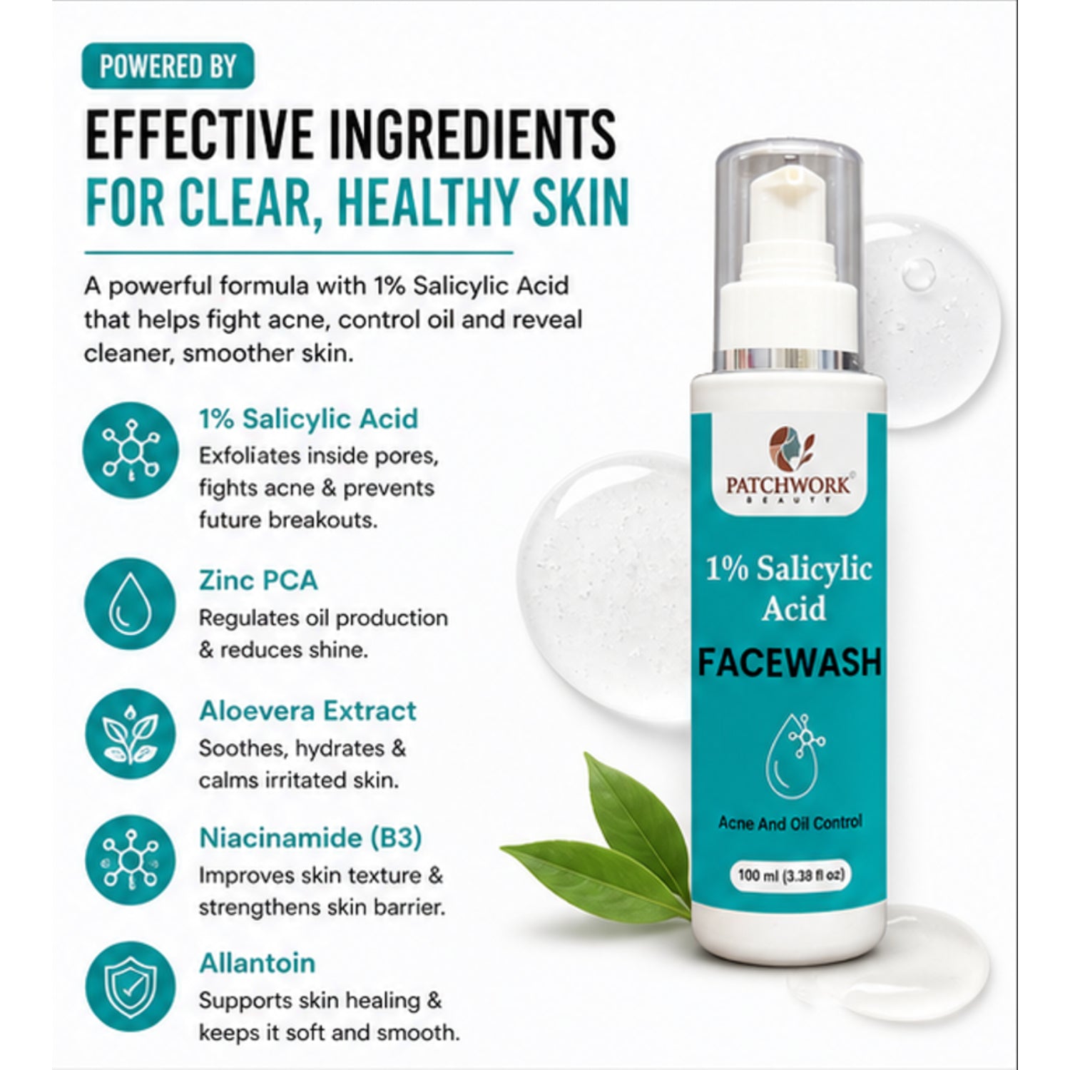 Patchwork Beauty Salicylic Acid 1% Face Wash for Acne and Oil Control Deep Cleansing Gentle Exfoliating Daily Skin Care for Clear Fresh and Balanced Skin 150ml
