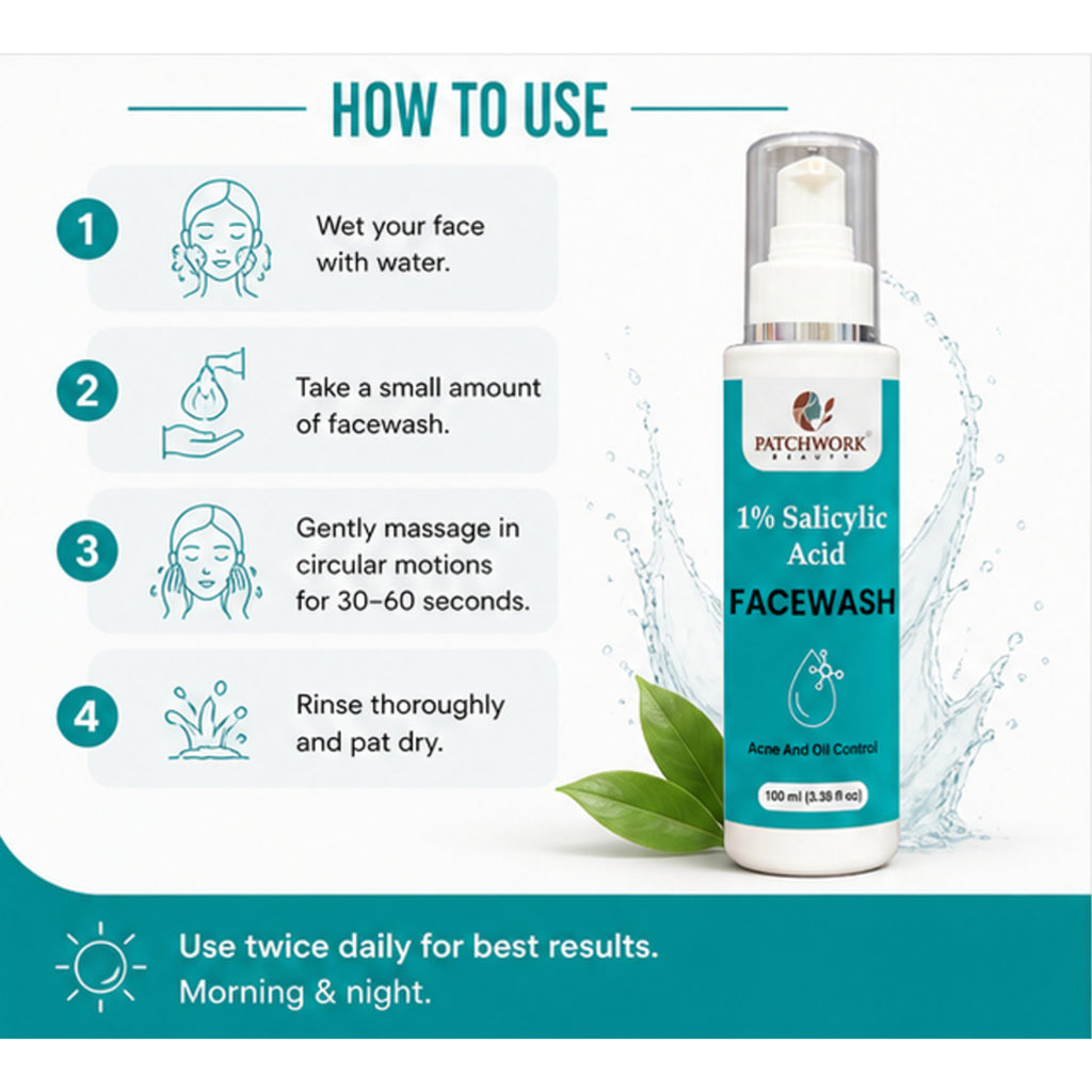 Patchwork Beauty Salicylic Acid 1% Face Wash for Acne and Oil Control Deep Cleansing Gentle Exfoliating Daily Skin Care for Clear Fresh and Balanced Skin 150ml
