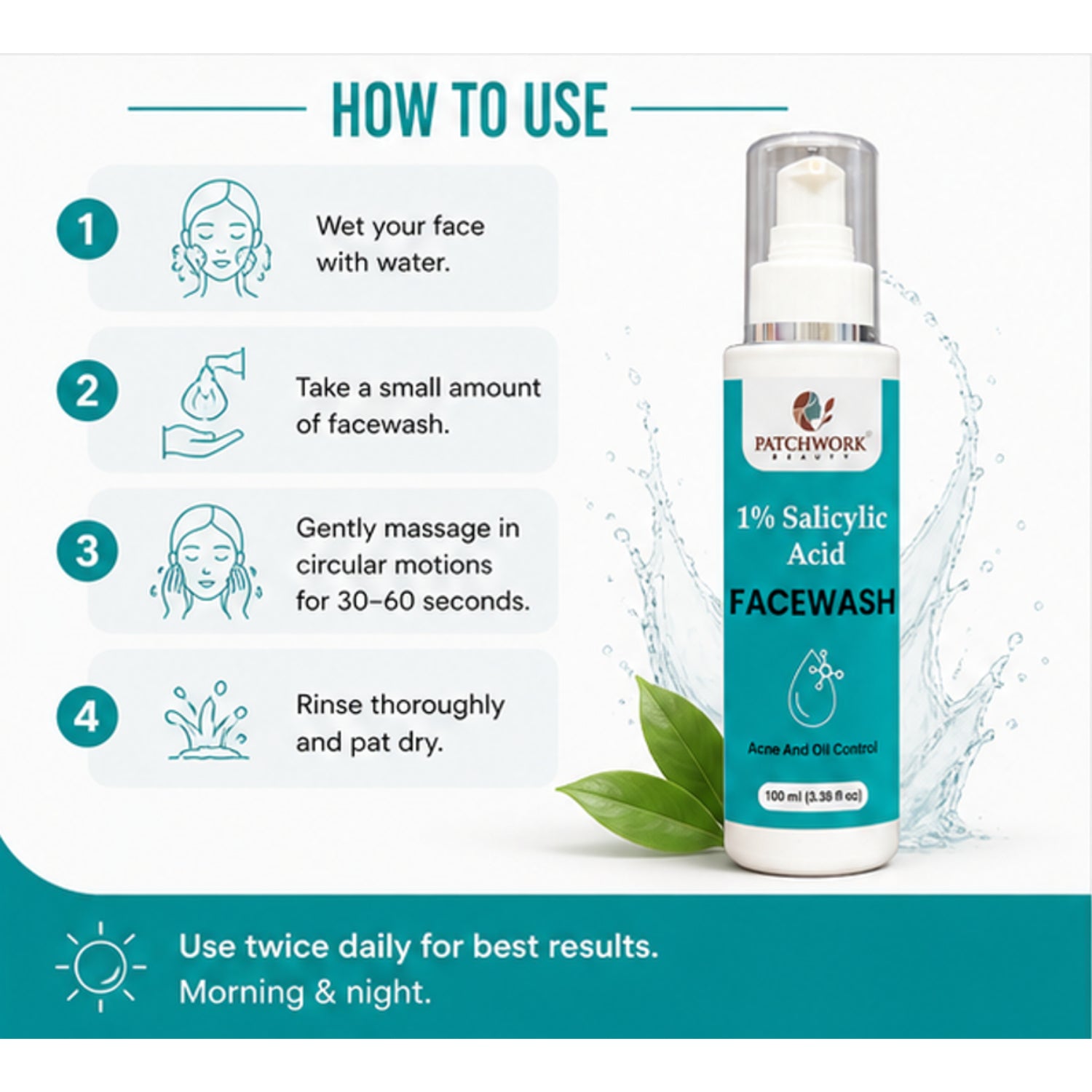 Patchwork Beauty Salicylic Acid 1% Face Wash for Acne and Oil Control Deep Cleansing Gentle Exfoliating Daily Skin Care for Clear Fresh and Balanced Skin 150ml