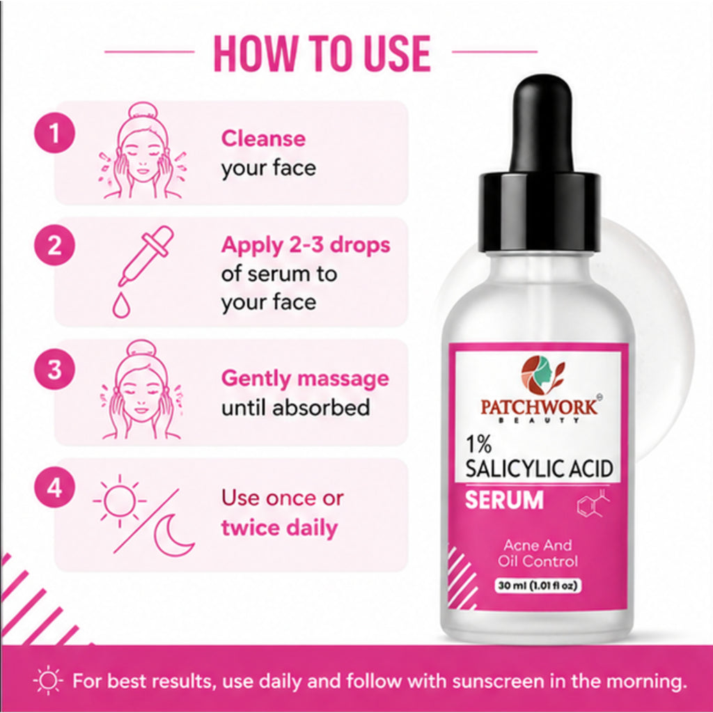 Patchwork Beauty Salicylic Acid 1% Face Serum for Acne and Oil Control Lightweight Daily Skin Care for Clear Smooth Pore Care and Balanced Skin Texture 30ml