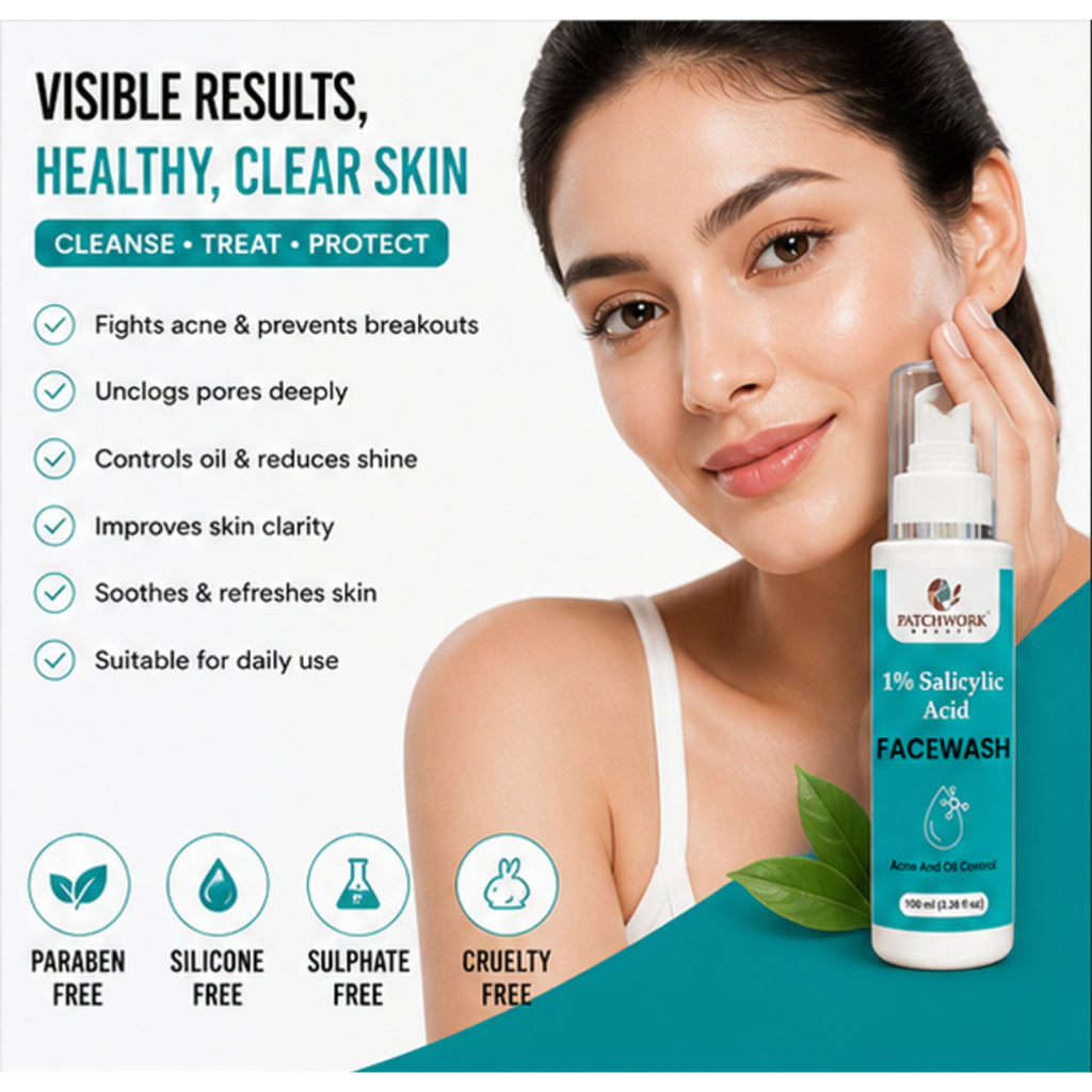 Patchwork Beauty Salicylic Acid 1% Face Wash for Acne and Oil Control Deep Cleansing Gentle Exfoliating Daily Skin Care for Clear Fresh and Balanced Skin 150ml