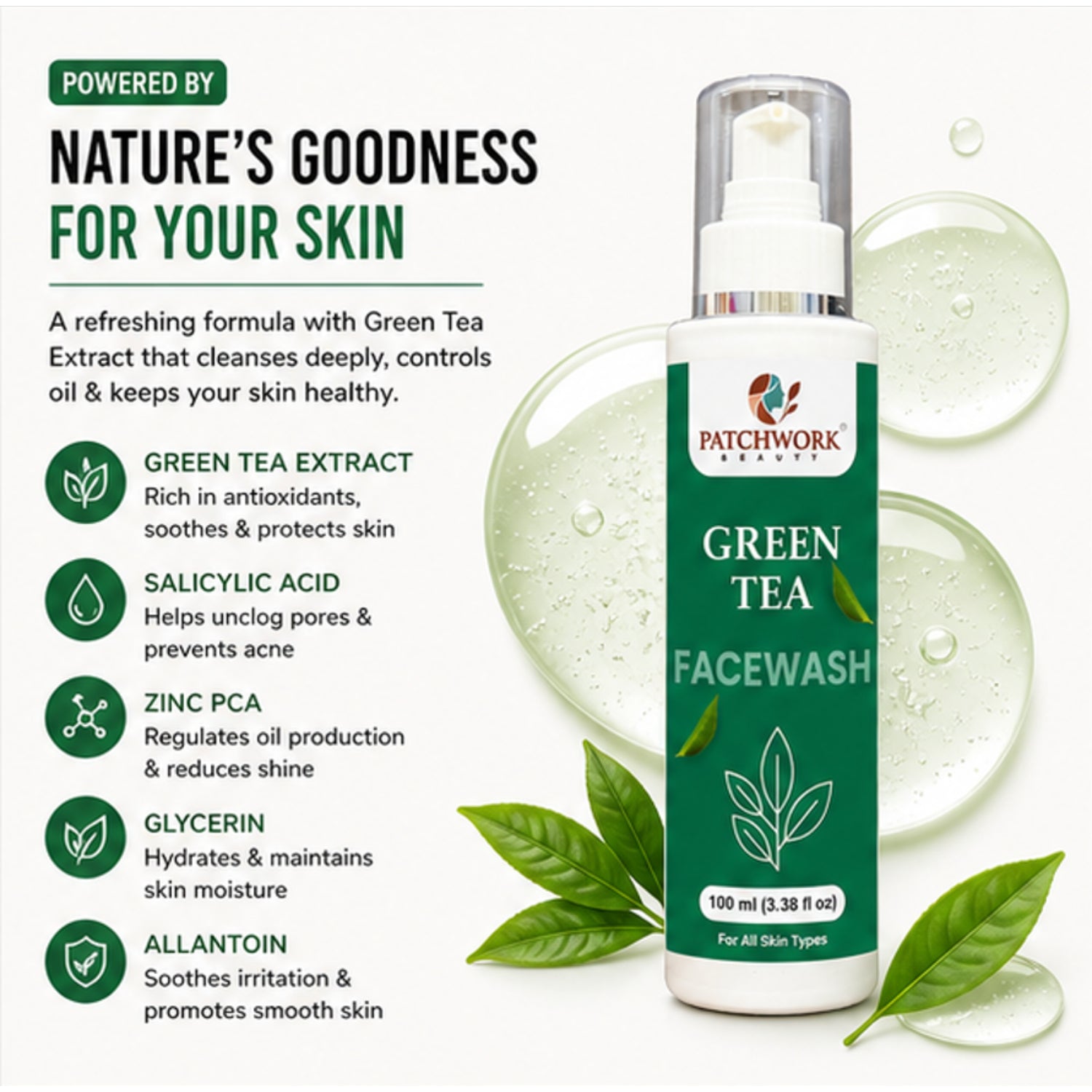 Patchwork Beauty Green Tea Face Wash for Refreshing Cleansing and Oil Balance Gentle Hydrating Daily Skin Care for Fresh Clear and Smooth Skin Suitable for All Skin Types 100ml