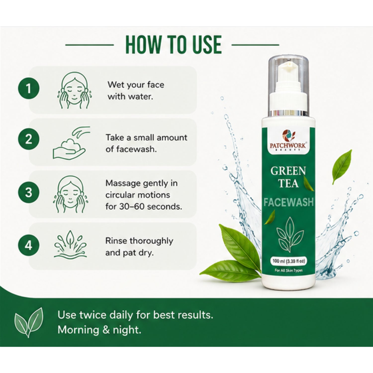 Patchwork Beauty Green Tea Face Wash for Refreshing Cleansing and Oil Balance Gentle Hydrating Daily Skin Care for Fresh Clear and Smooth Skin Suitable for All Skin Types 100ml