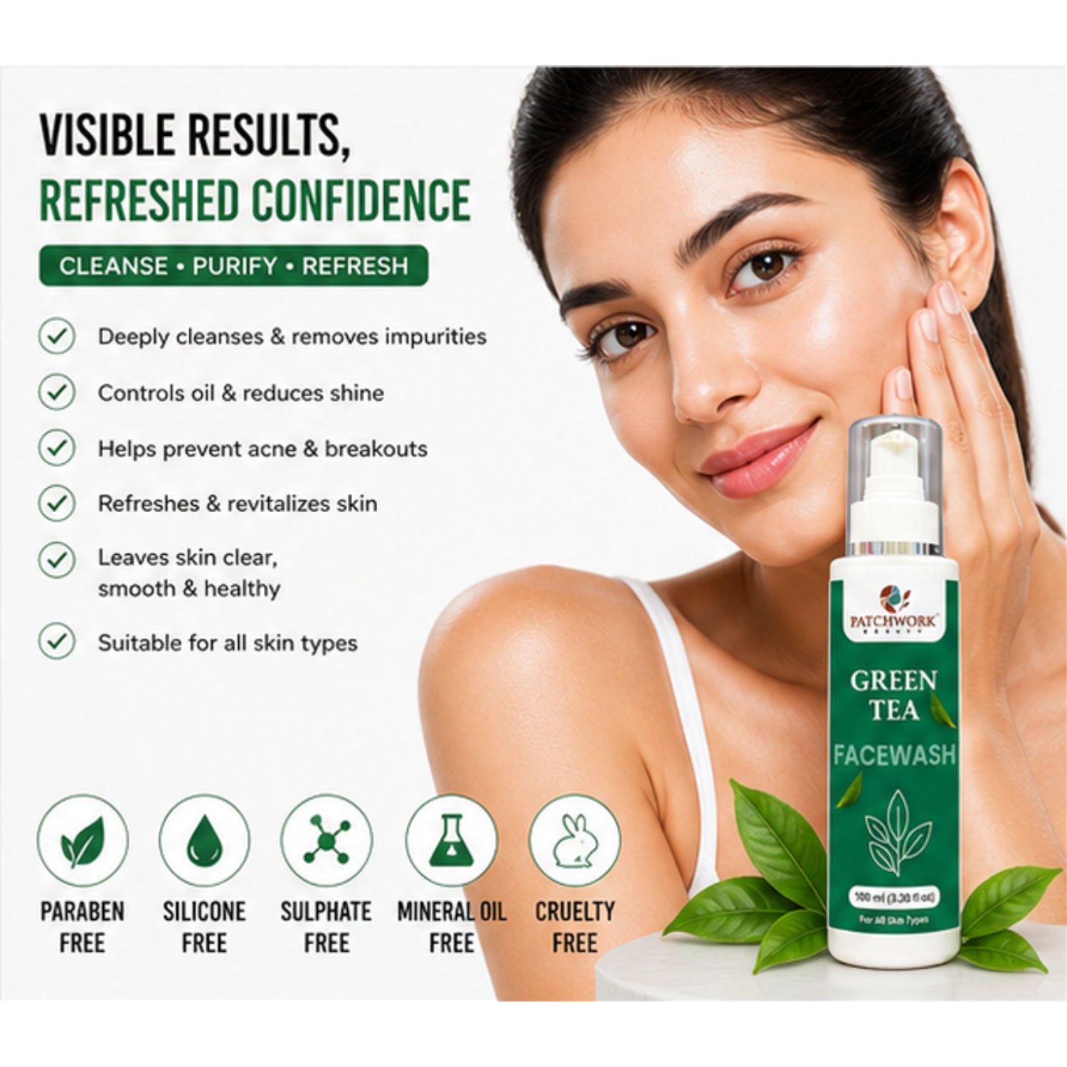 Patchwork Beauty Green Tea Face Wash for Refreshing Cleansing and Oil Balance Gentle Hydrating Daily Skin Care for Fresh Clear and Smooth Skin Suitable for All Skin Types 100ml