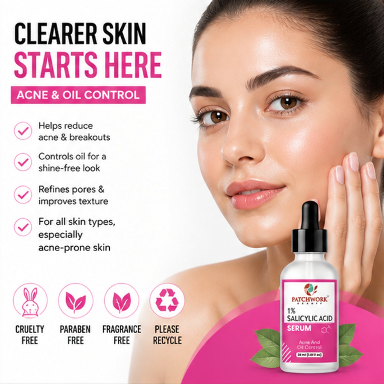 Patchwork Beauty Salicylic Acid 1% Face Serum for Acne and Oil Control Lightweight Daily Skin Care for Clear Smooth Pore Care and Balanced Skin Texture 30ml