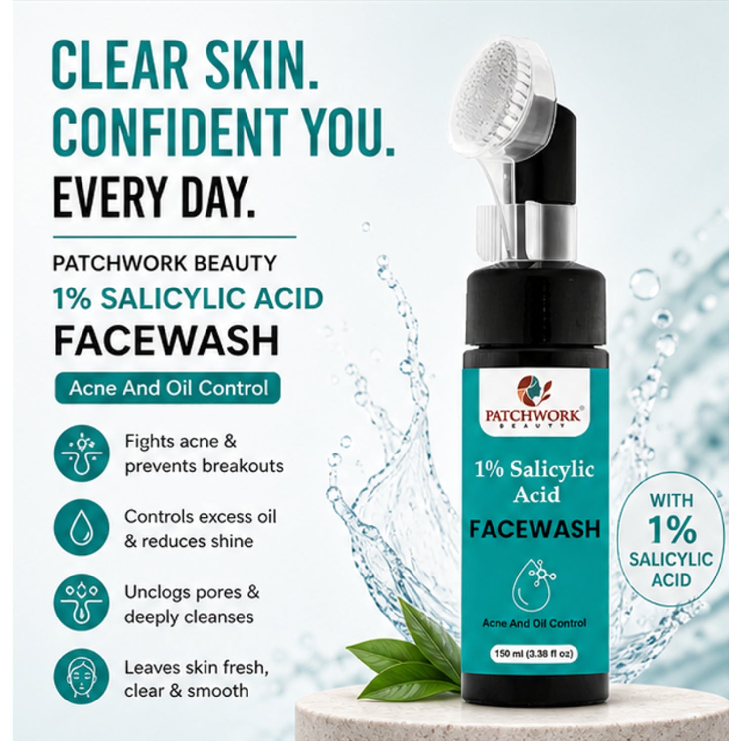 Patchwork Beauty Salicylic Acid 1% Face Wash for Acne and Oil Control Deep Cleansing Gentle Exfoliating Daily Skin Care for Clear Fresh and Balanced Skin 100ml