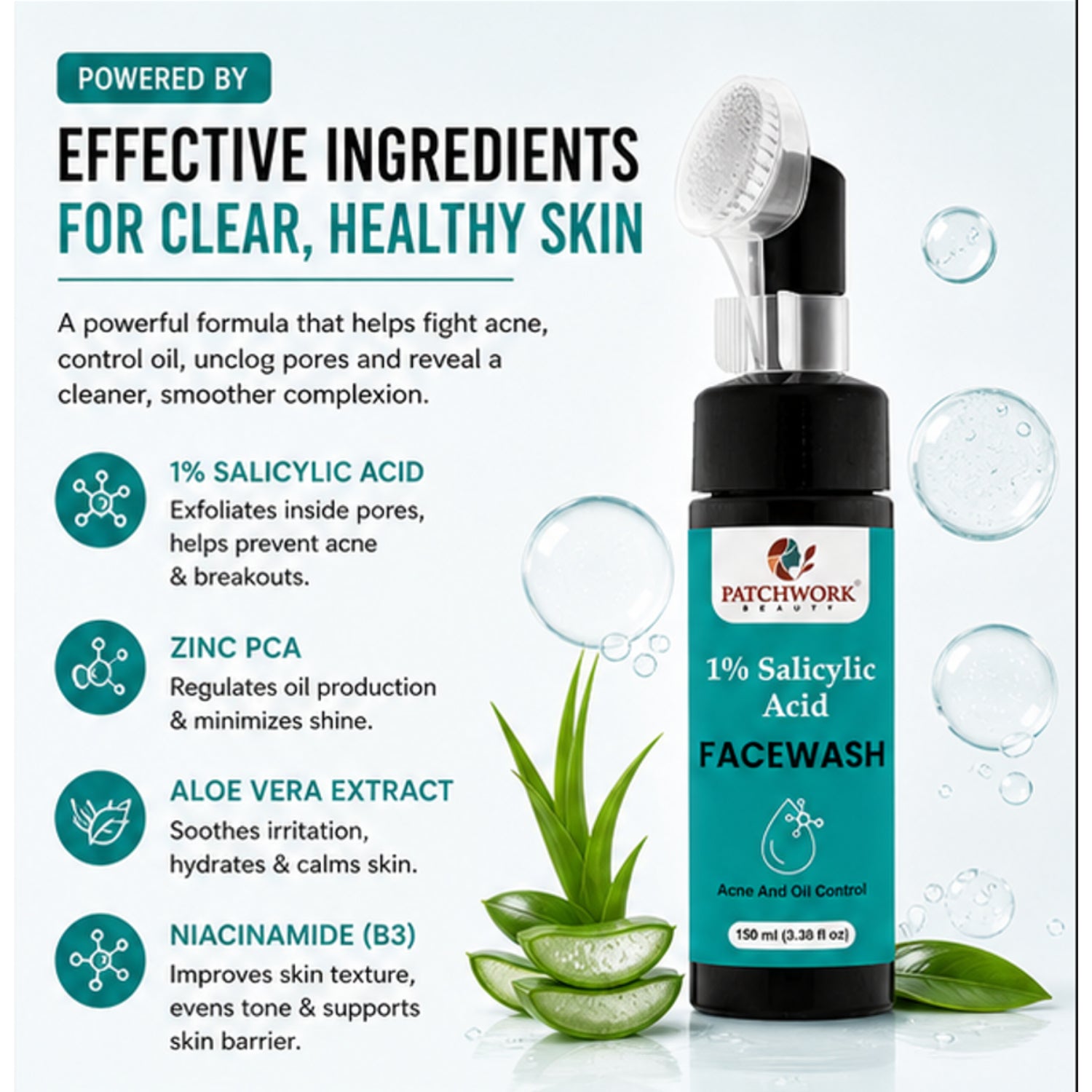 Patchwork Beauty Salicylic Acid 1% Face Wash for Acne and Oil Control Deep Cleansing Gentle Exfoliating Daily Skin Care for Clear Fresh and Balanced Skin 100ml