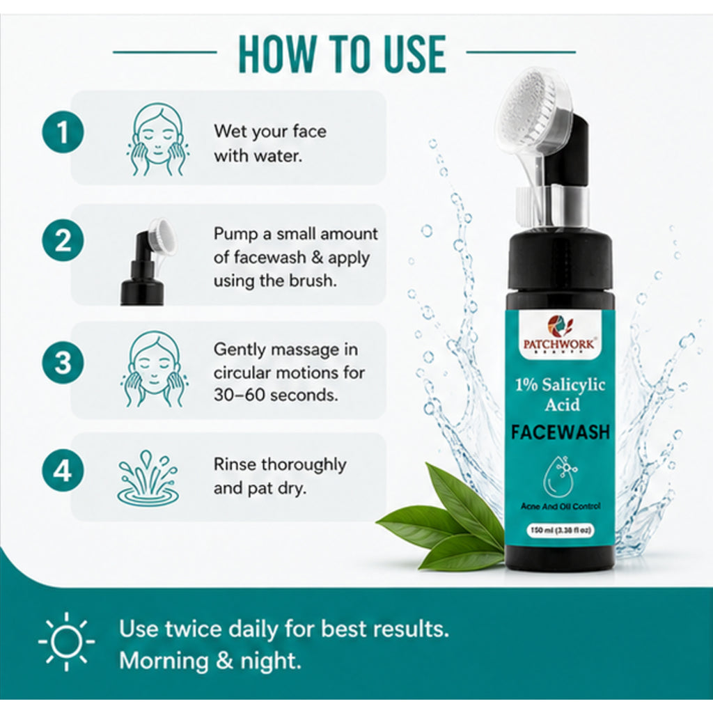 Patchwork Beauty Salicylic Acid 1% Face Wash for Acne and Oil Control Deep Cleansing Gentle Exfoliating Daily Skin Care for Clear Fresh and Balanced Skin 100ml