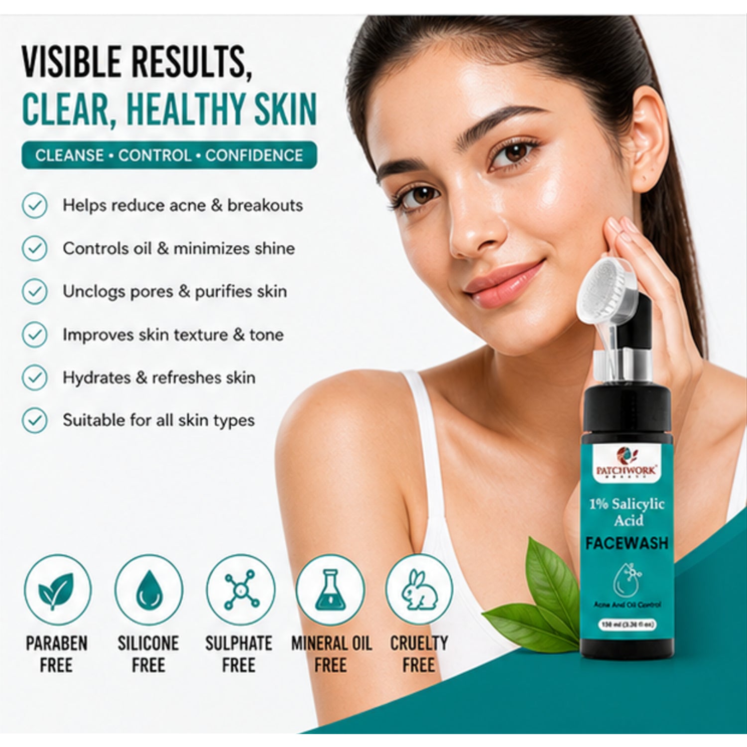Patchwork Beauty Salicylic Acid 1% Face Wash for Acne and Oil Control Deep Cleansing Gentle Exfoliating Daily Skin Care for Clear Fresh and Balanced Skin 100ml