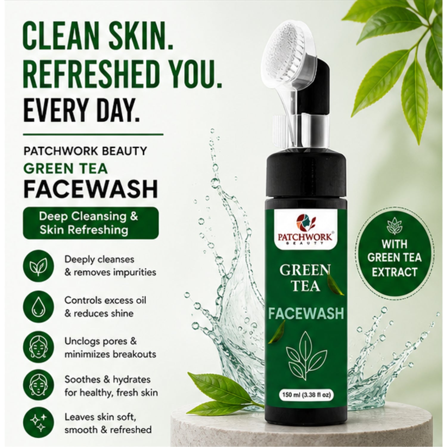Patchwork Beauty Green Tea Face Wash for Refreshing Cleansing and Oil Balance Gentle Hydrating Daily Skin Care for Fresh Clear and Smooth Skin Suitable for All Skin Types 150ml