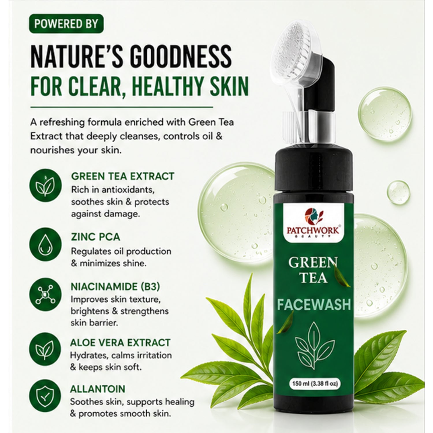 Patchwork Beauty Green Tea Face Wash for Refreshing Cleansing and Oil Balance Gentle Hydrating Daily Skin Care for Fresh Clear and Smooth Skin Suitable for All Skin Types 150ml