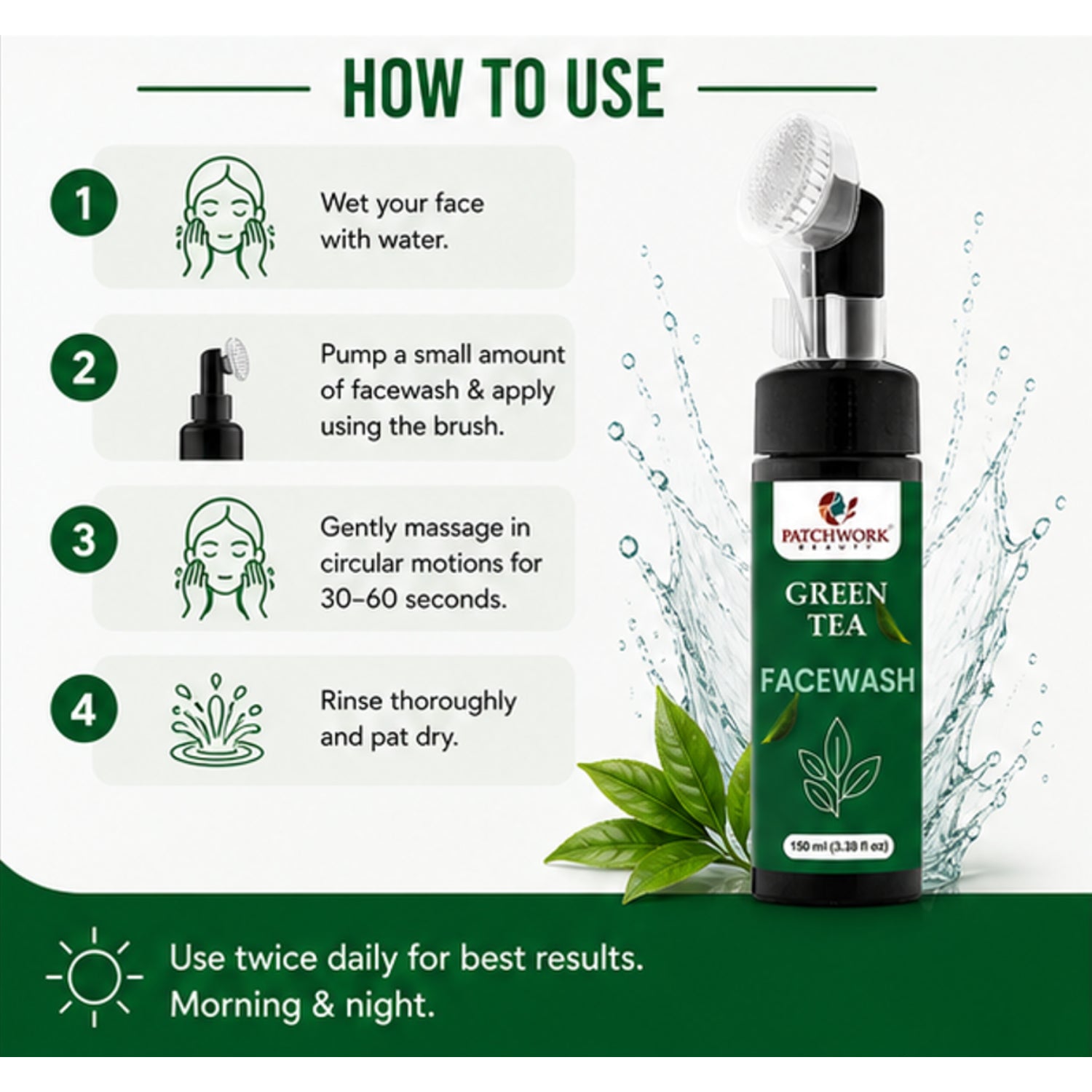 Patchwork Beauty Green Tea Face Wash for Refreshing Cleansing and Oil Balance Gentle Hydrating Daily Skin Care for Fresh Clear and Smooth Skin Suitable for All Skin Types 150ml