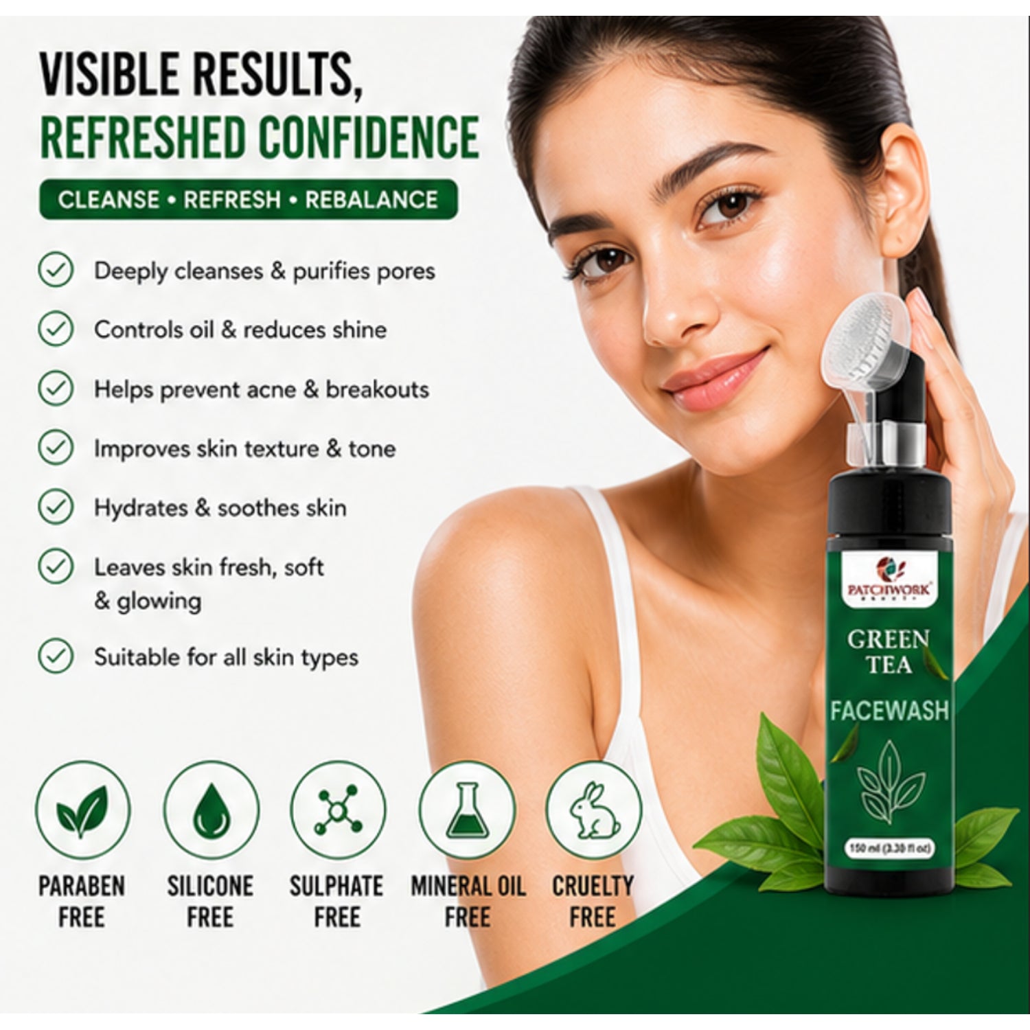 Patchwork Beauty Green Tea Face Wash for Refreshing Cleansing and Oil Balance Gentle Hydrating Daily Skin Care for Fresh Clear and Smooth Skin Suitable for All Skin Types 150ml