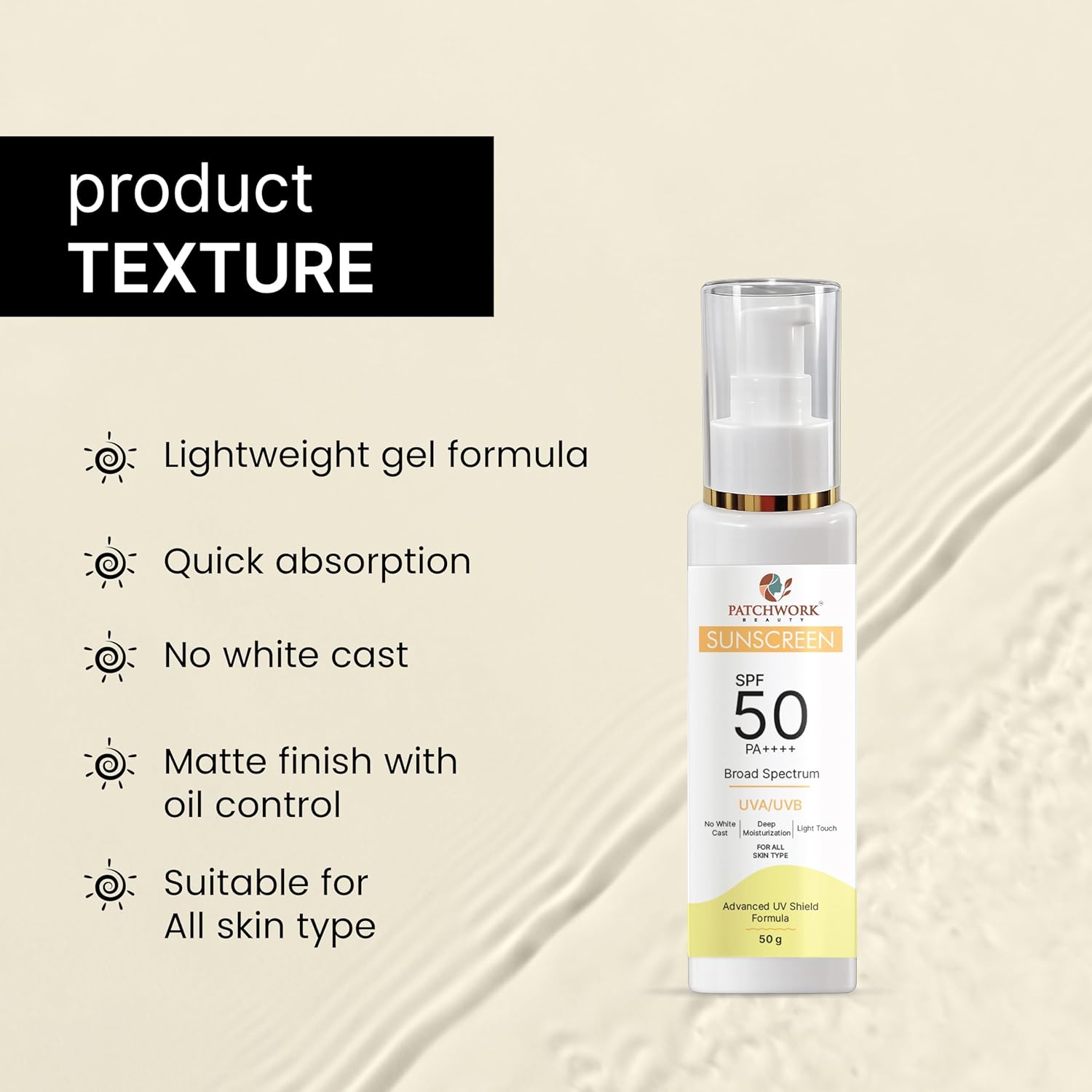 Patchwork Beauty Sunscreen SPF 50 PA++++ Broad Spectrum UVA UVB Protection Lightweight Moisturizing Sun Cream Fast Absorbing Daily Face and Body Sunscreen for All Skin Types 100g