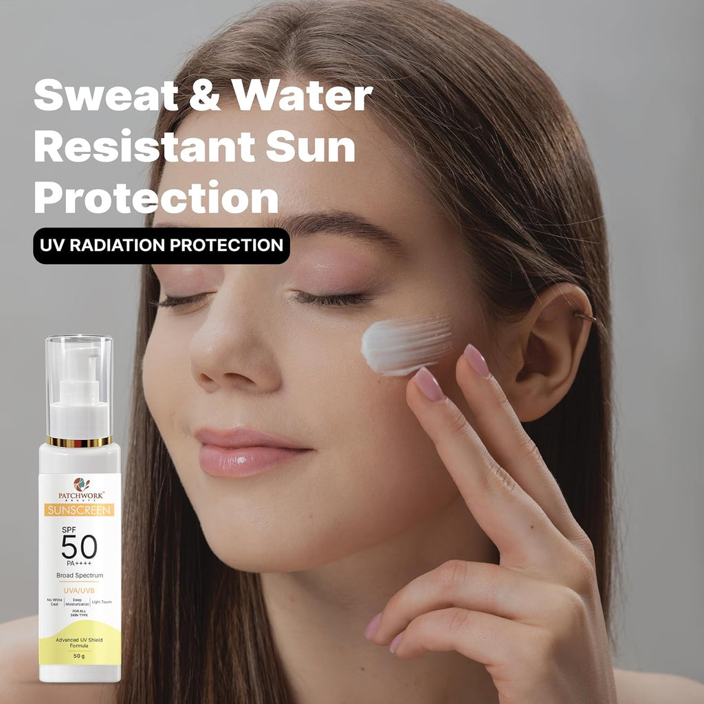 Patchwork Beauty Sunscreen SPF 50 PA++++ Broad Spectrum UVA UVB Protection Lightweight Moisturizing Sun Cream Fast Absorbing Daily Face and Body Sunscreen for All Skin Types 50g