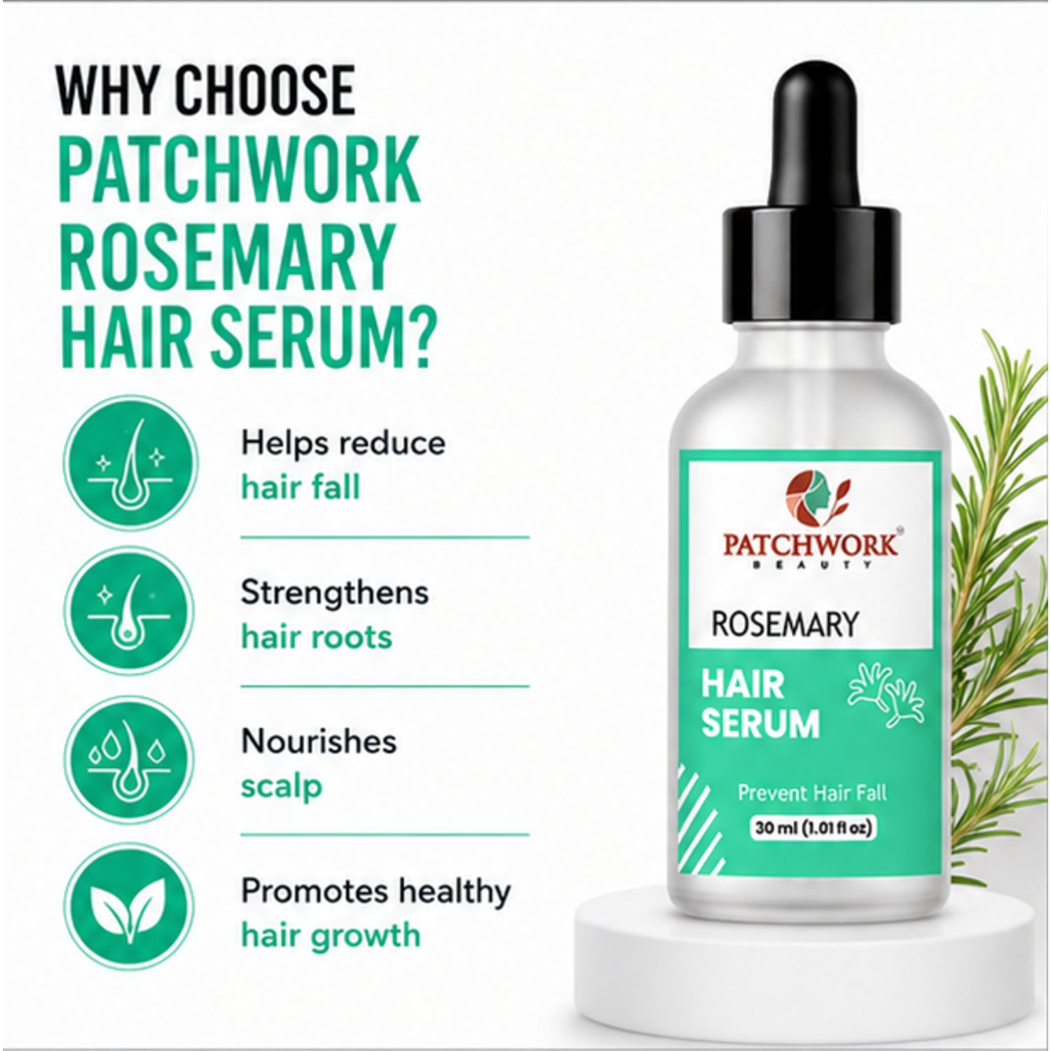 Patchwork Beauty Rosemary Hair Serum for Hair Fall Control and Scalp Care Lightweight Nourishing Daily Hair Care for Stronger Healthier Looking Hair Growth Support 30ml